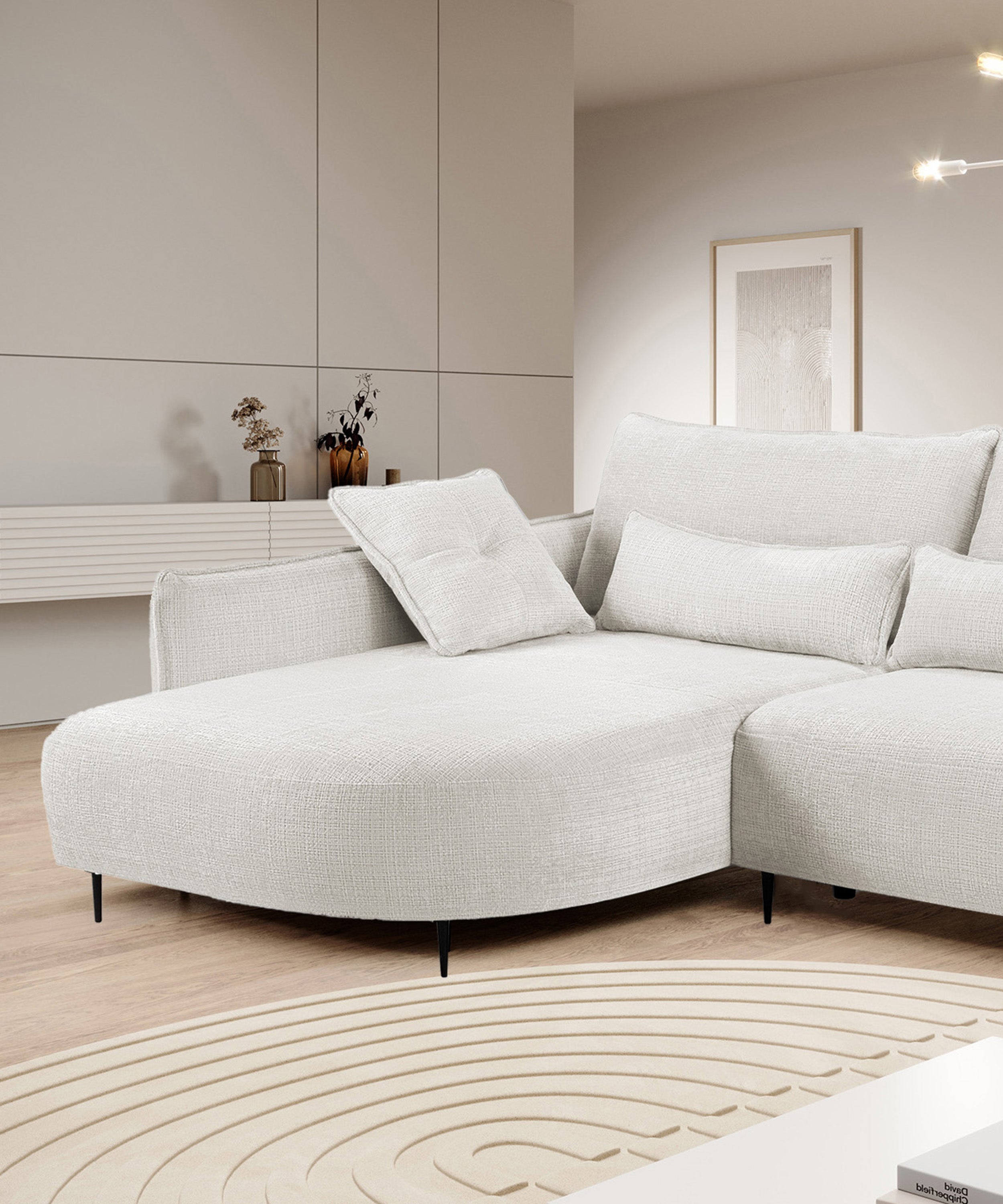 Ecksofa Oblivio mit Schlaffunktion, L-förmig, mit Stauraum, cremefarbener Chenille, linksseitig