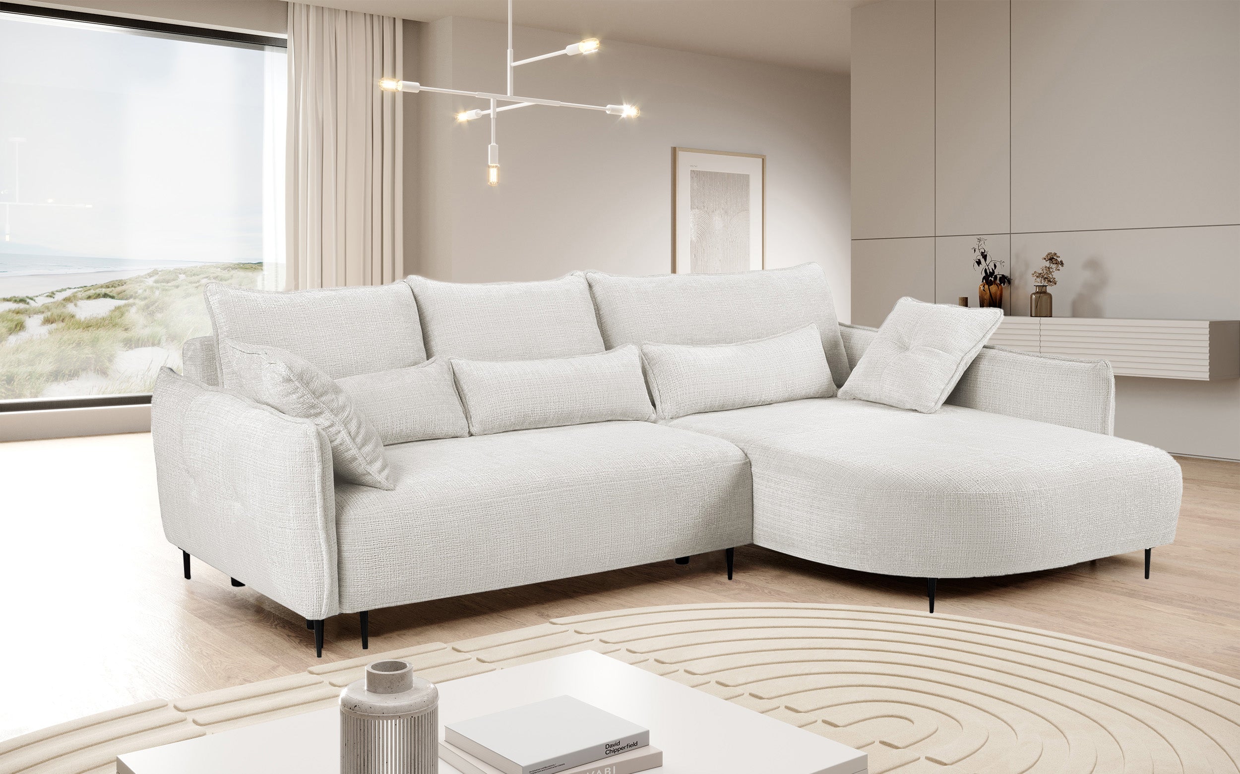 Ecksofa Oblivio mit Schlaffunktion, L-förmig, mit Stauraum, cremefarbener Chenille, rechtsseitig