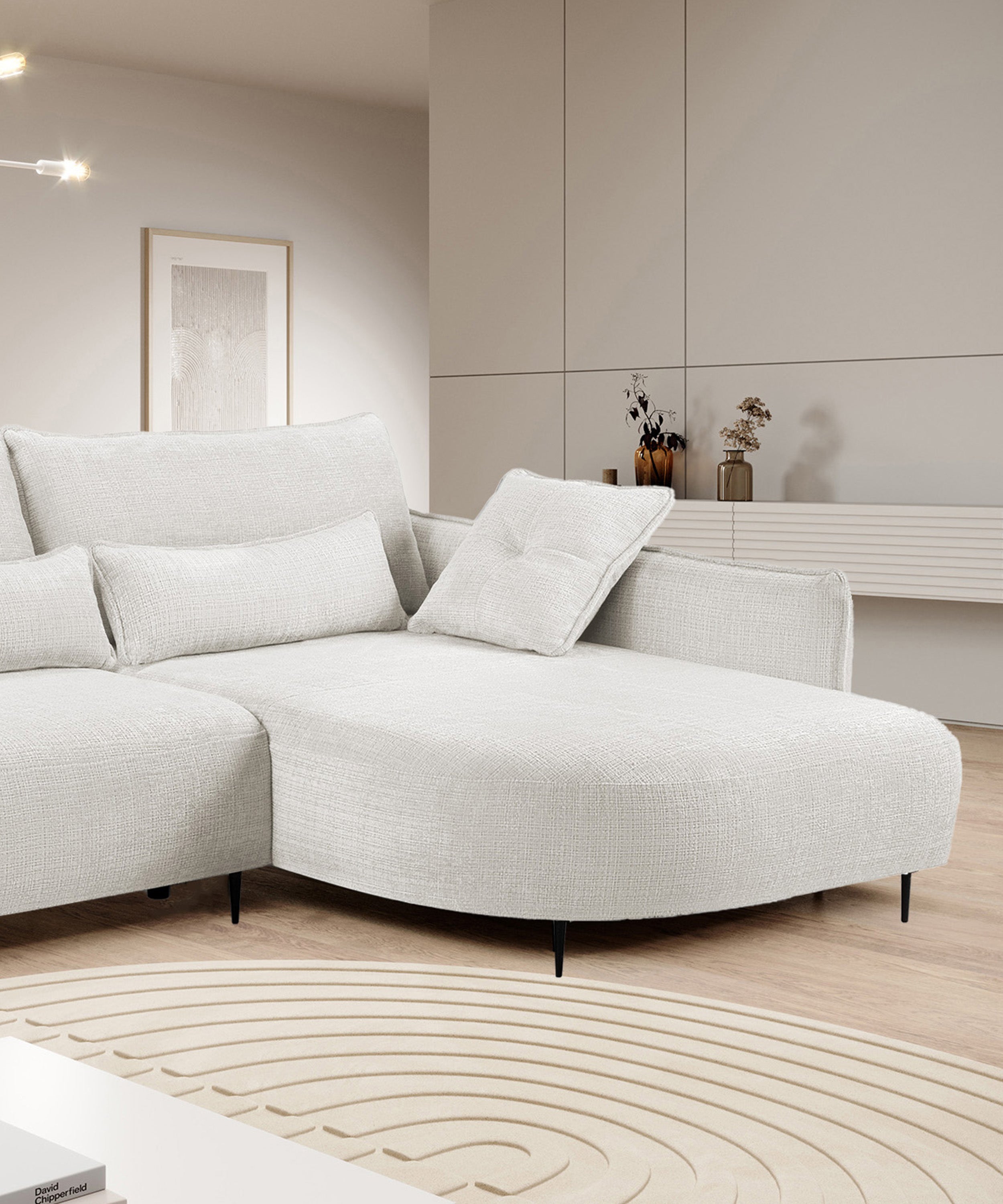 Ecksofa Oblivio mit Schlaffunktion, L-förmig, mit Stauraum, cremefarbener Chenille, rechtsseitig