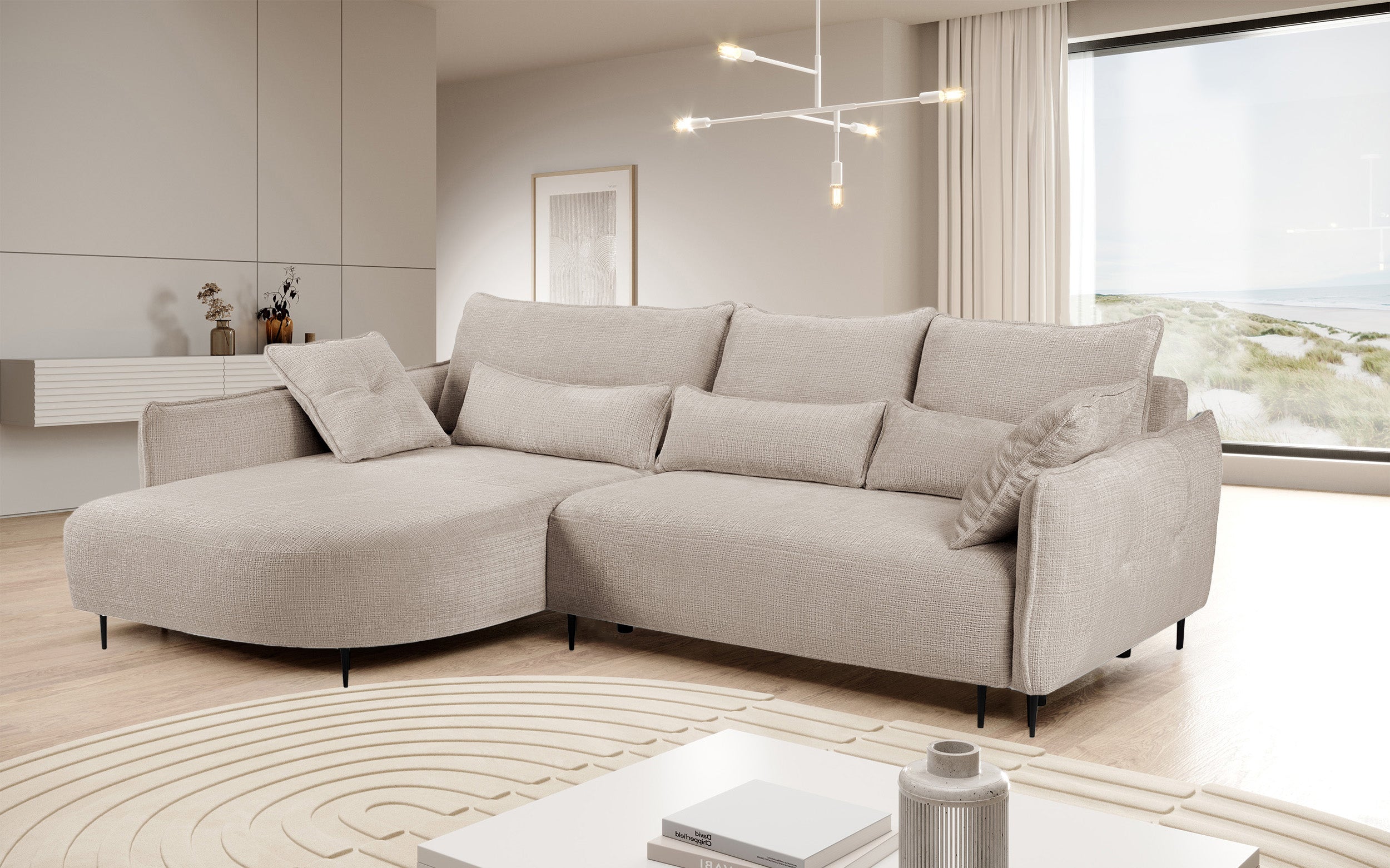 Ecksofa Oblivio mit Schlaffunktion, L-förmig, mit Stauraum, hellbeiger Chenille, linksseitig