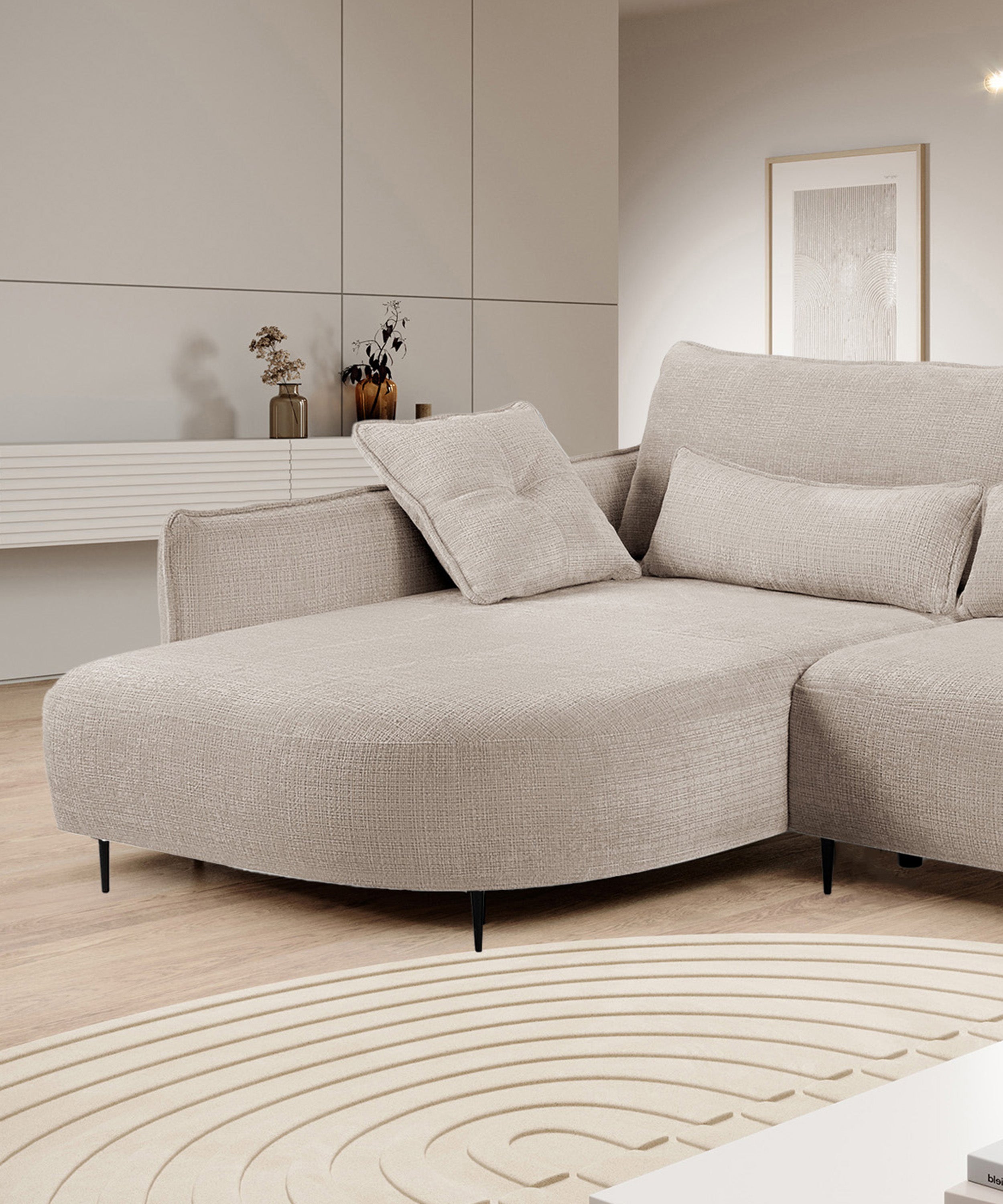 Ecksofa Oblivio mit Schlaffunktion, L-förmig, mit Stauraum, hellbeiger Chenille, linksseitig