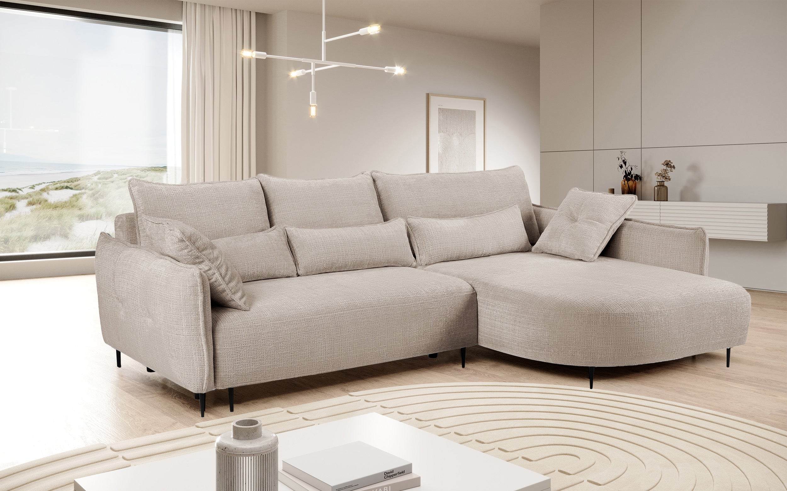Ecksofa Oblivio mit Schlaffunktion, L-förmig, mit Stauraum, hellbeiger Chenille, rechtsseitig