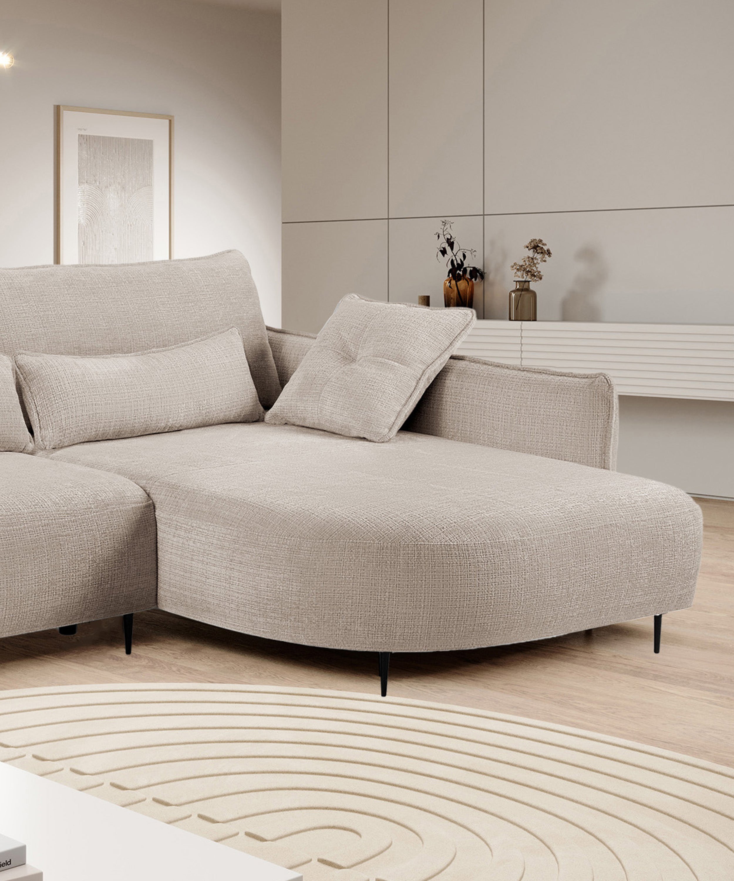 Ecksofa Oblivio mit Schlaffunktion, L-förmig, mit Stauraum, hellbeiger Chenille, rechtsseitig