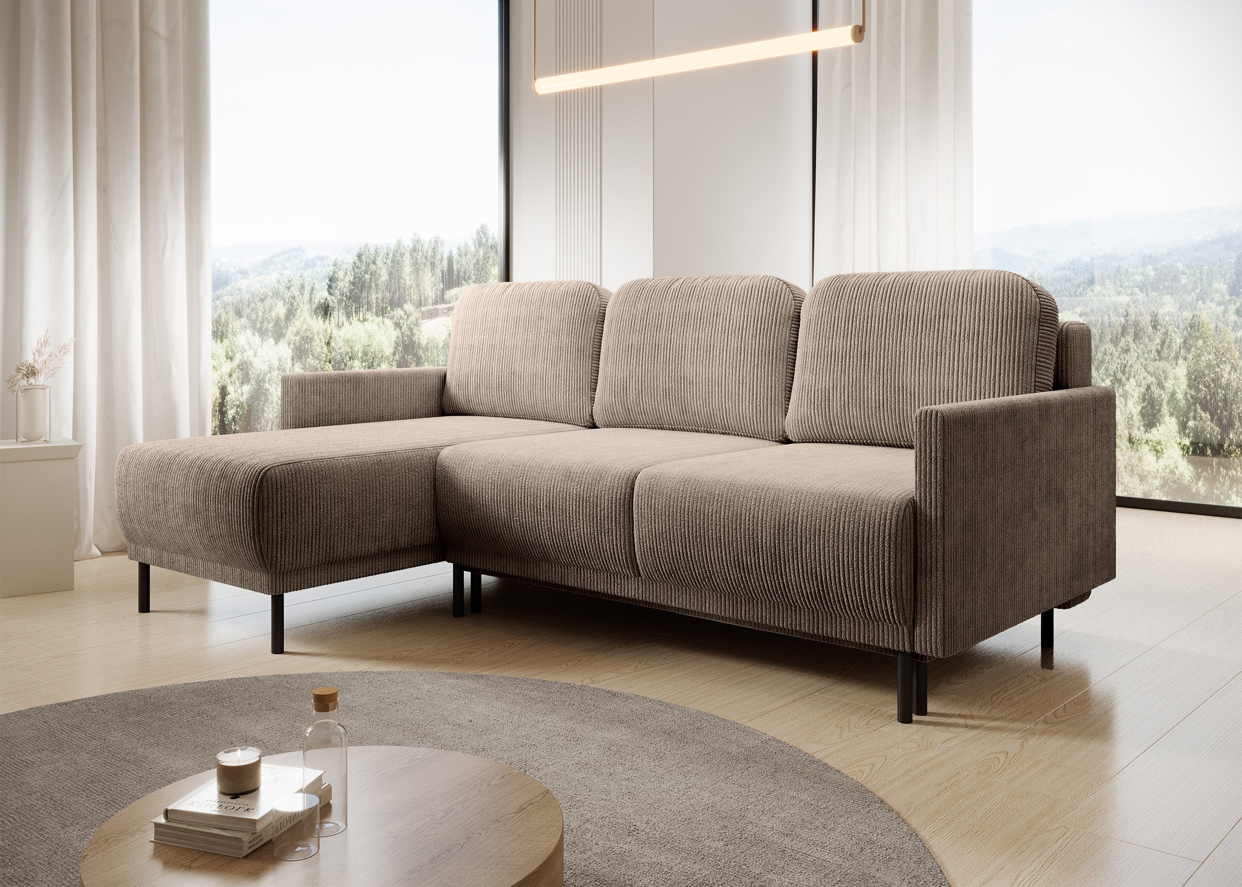 Ausziehbare Eckcouch Hamiel, L-förmig, mit Stauraum, universell, beige Cord