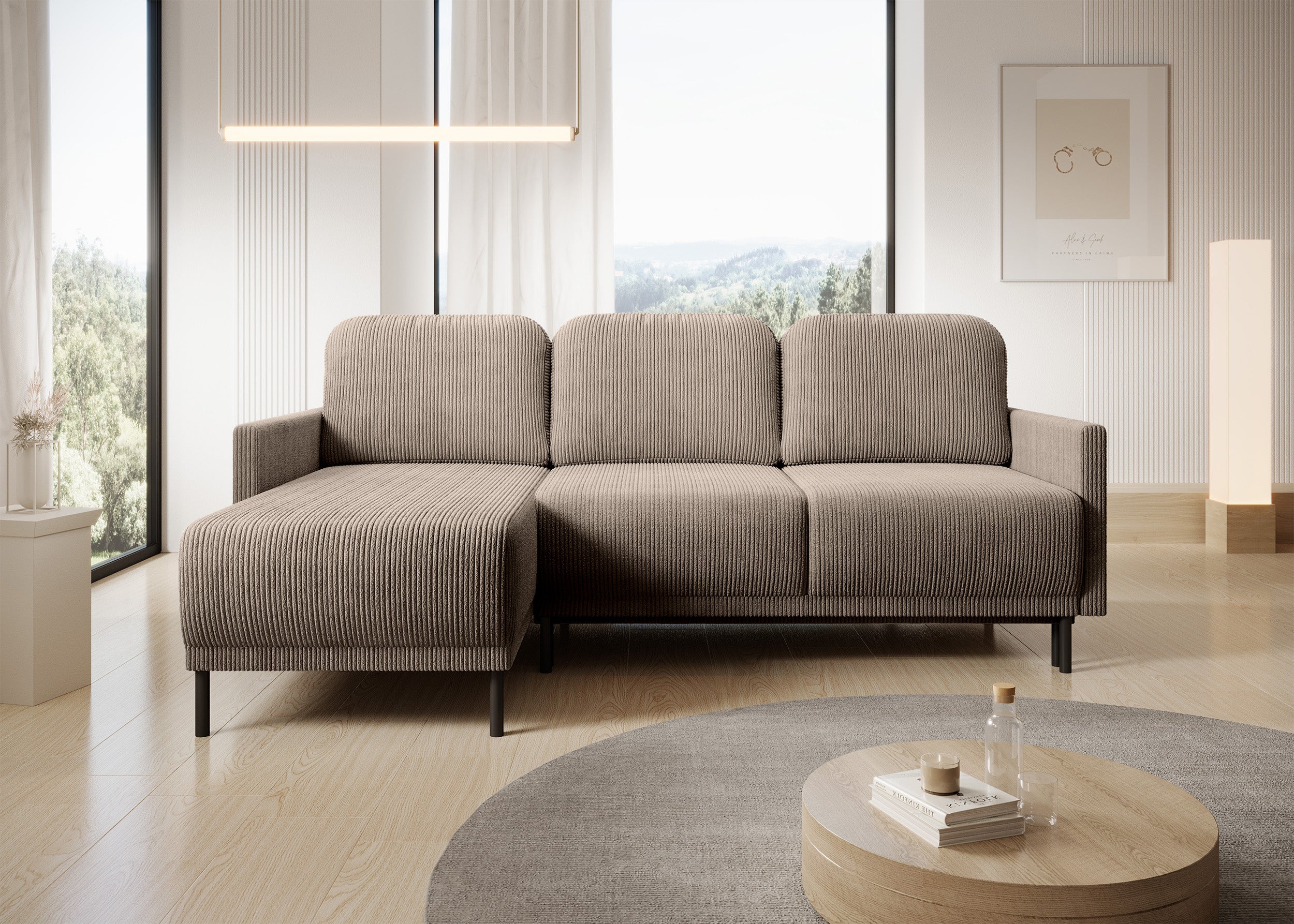 Ausziehbare Eckcouch Hamiel, L-förmig, mit Stauraum, universell, beige Cord