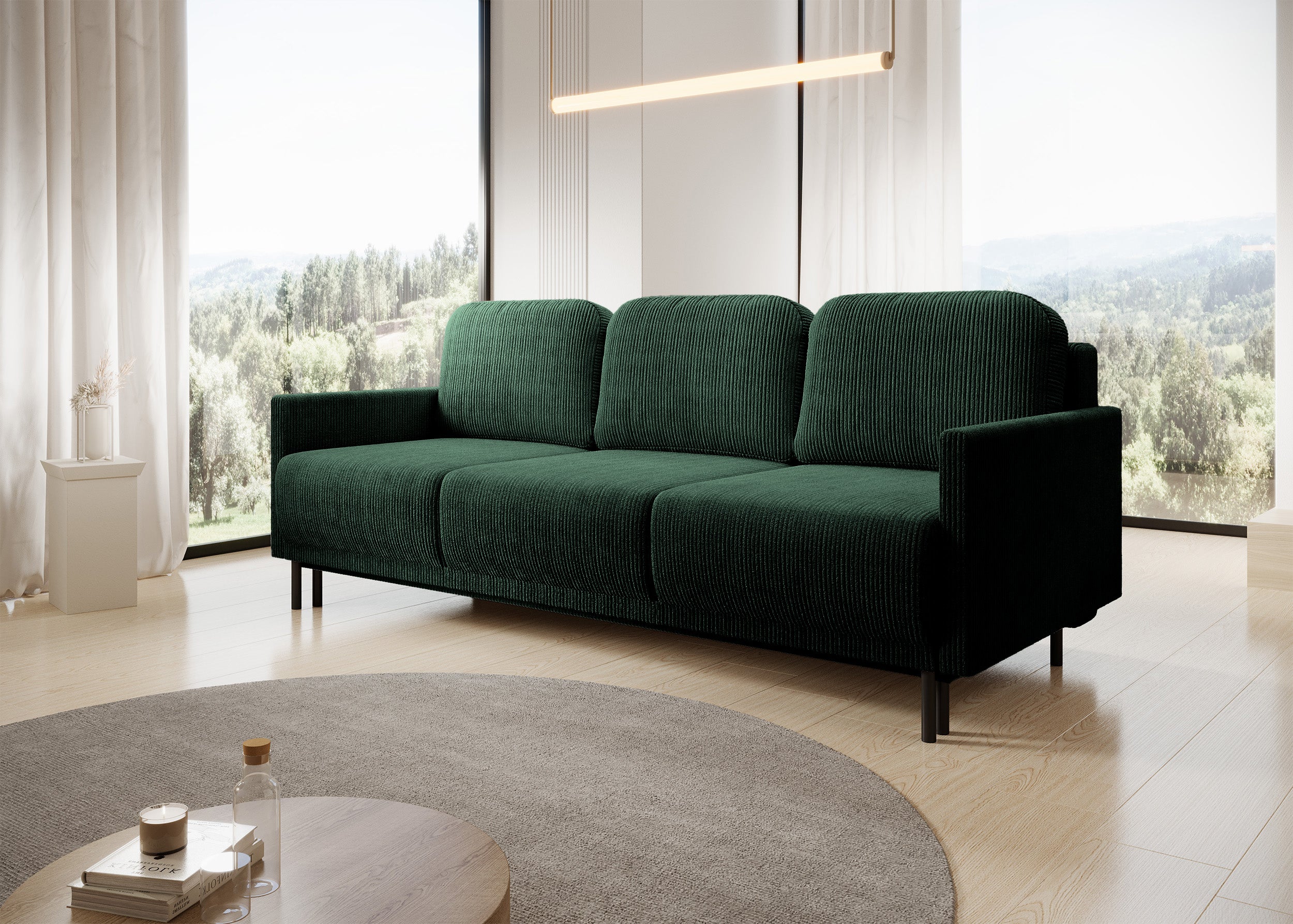 Dreisitziges ausklappbares Sofa Hamiel mit Stauraum, dunkelgrüner Cord