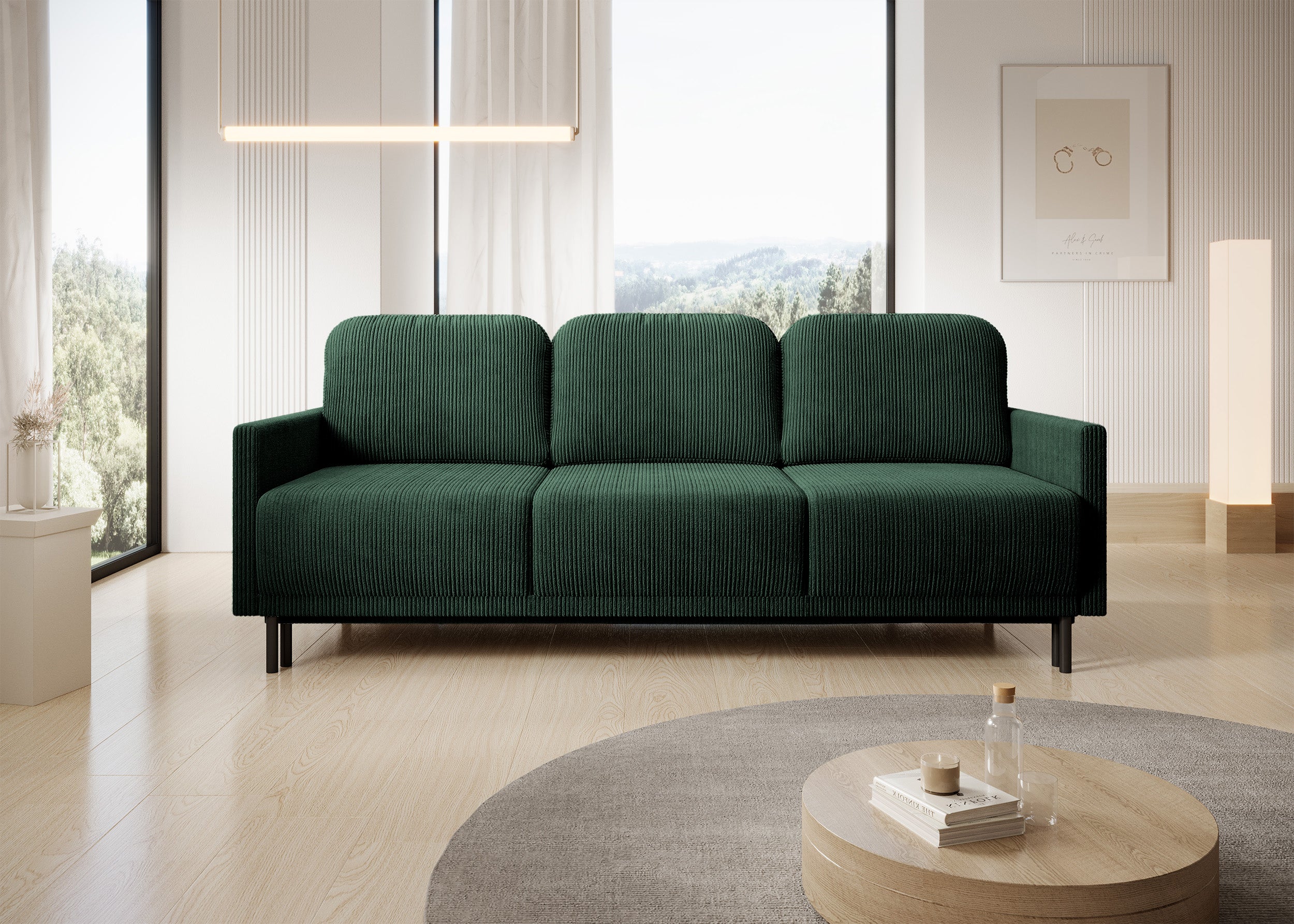 Dreisitziges ausklappbares Sofa Hamiel mit Stauraum, dunkelgrüner Cord