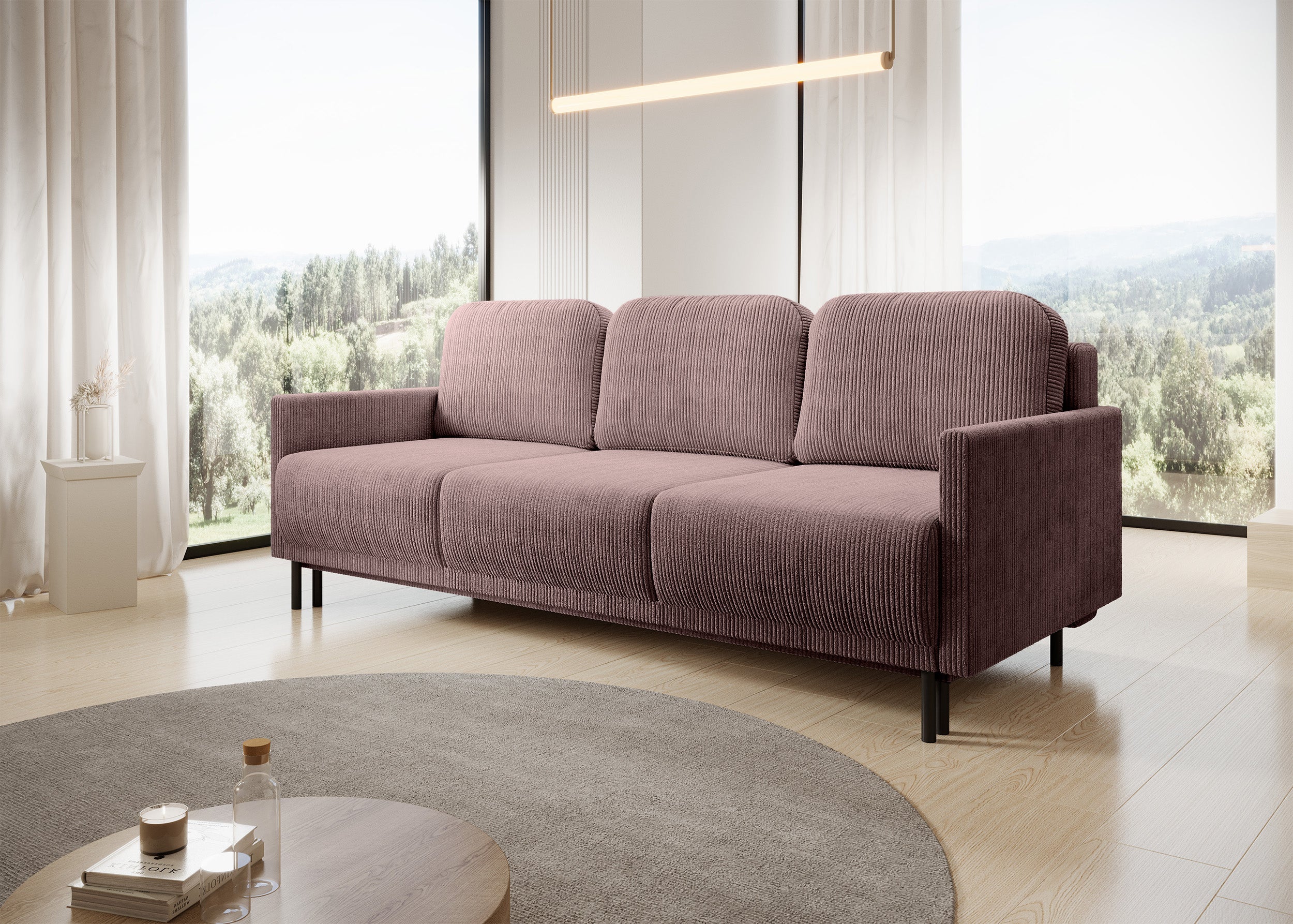 Dreisitziges ausklappbares Sofa Hamiel mit Stauraum, fliederfarbener Cordstoff
