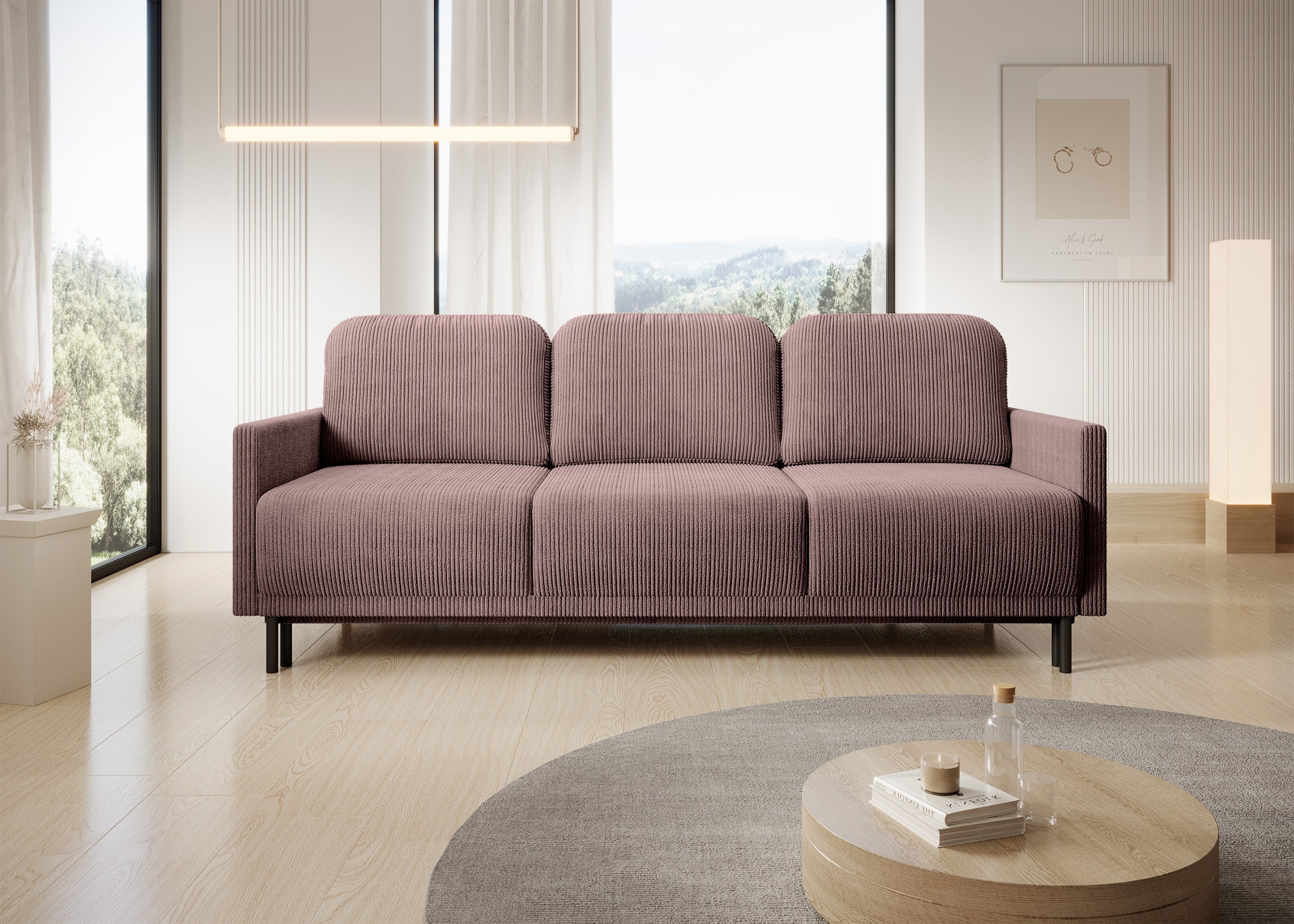 Dreisitziges ausklappbares Sofa Hamiel mit Stauraum, fliederfarbener Cordstoff