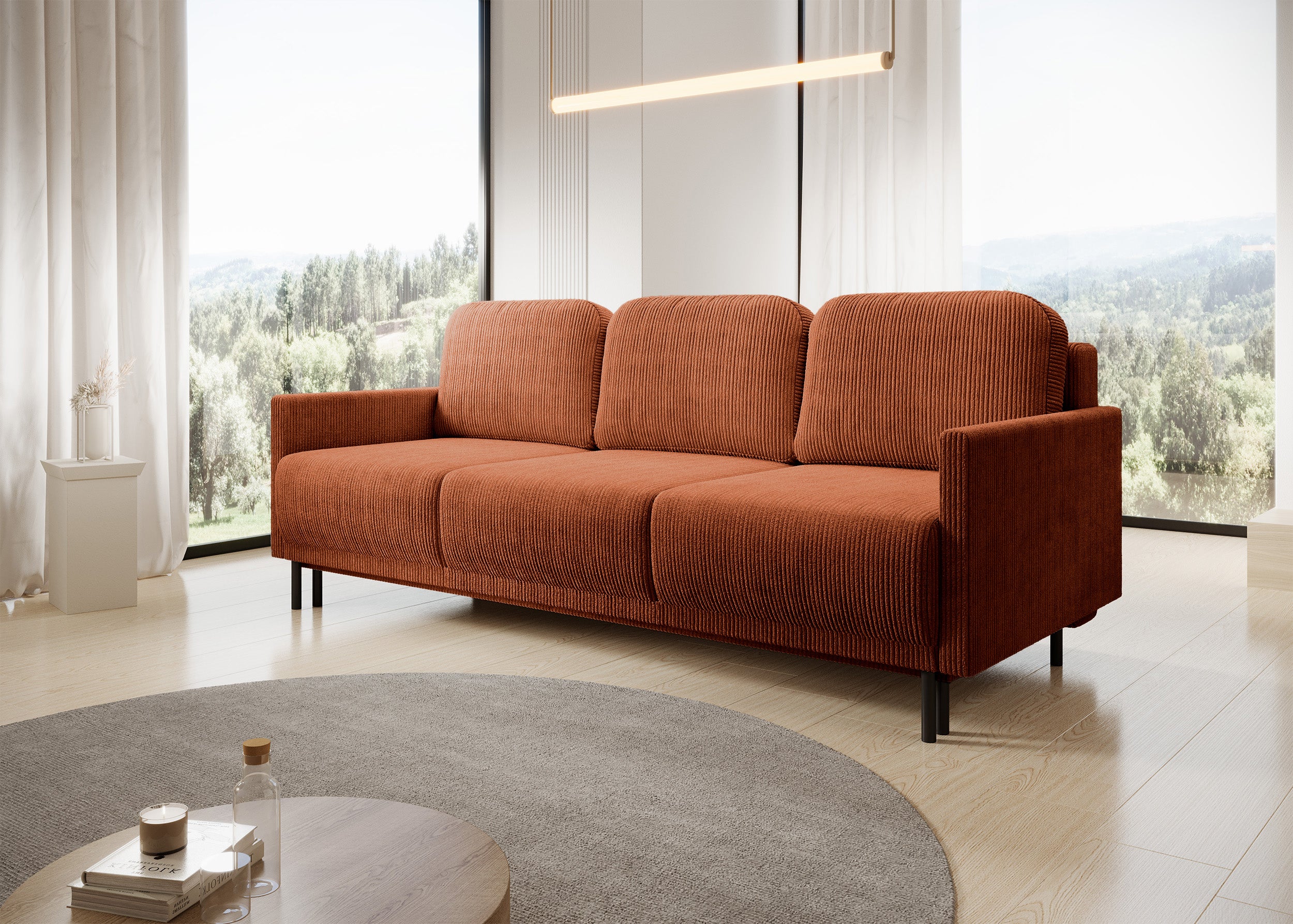 Dreisitziges ausklappbares Sofa Hamiel mit Stauraum, kupferfarbener Cord