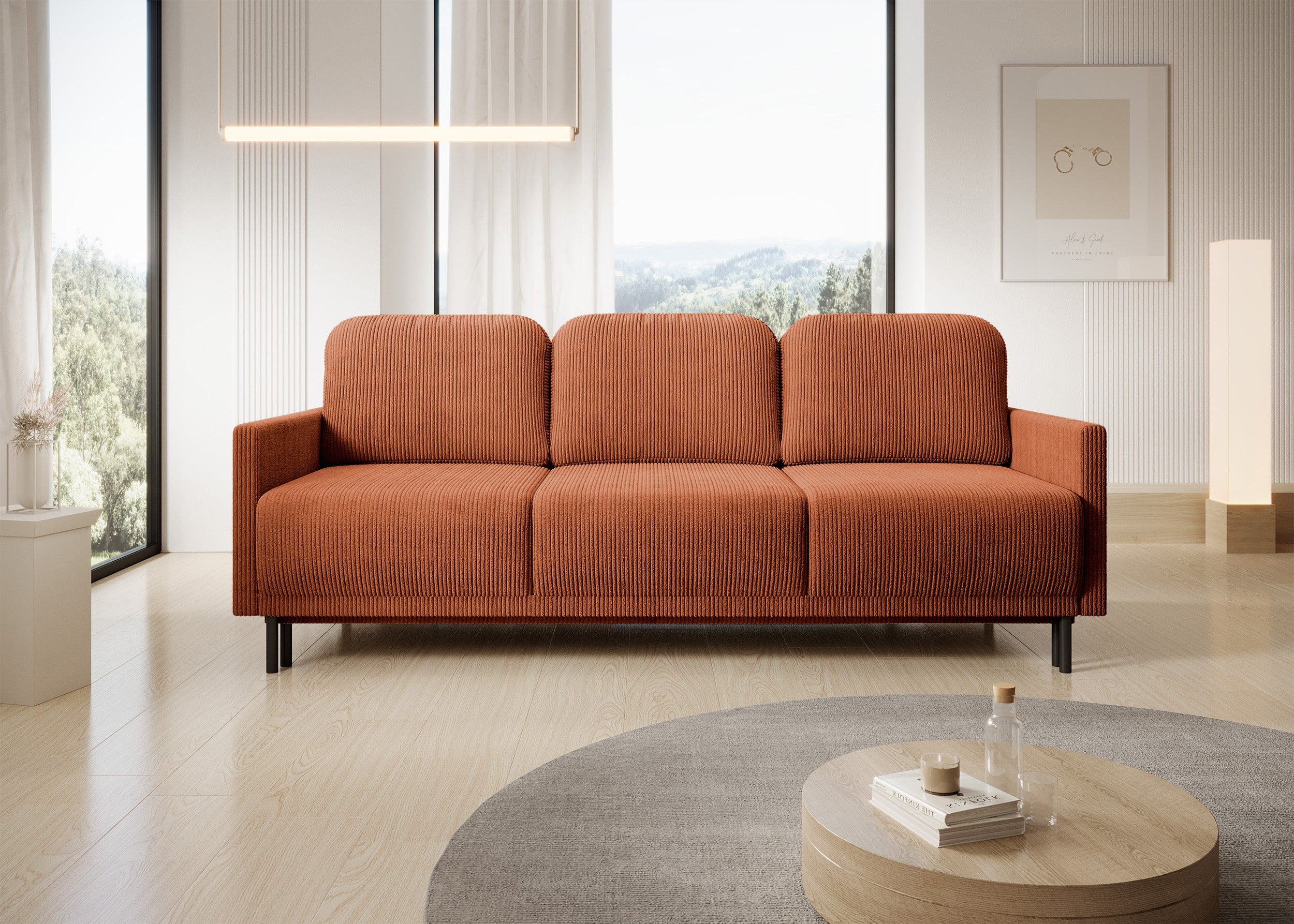 Dreisitziges ausklappbares Sofa Hamiel mit Stauraum, kupferfarbener Cord