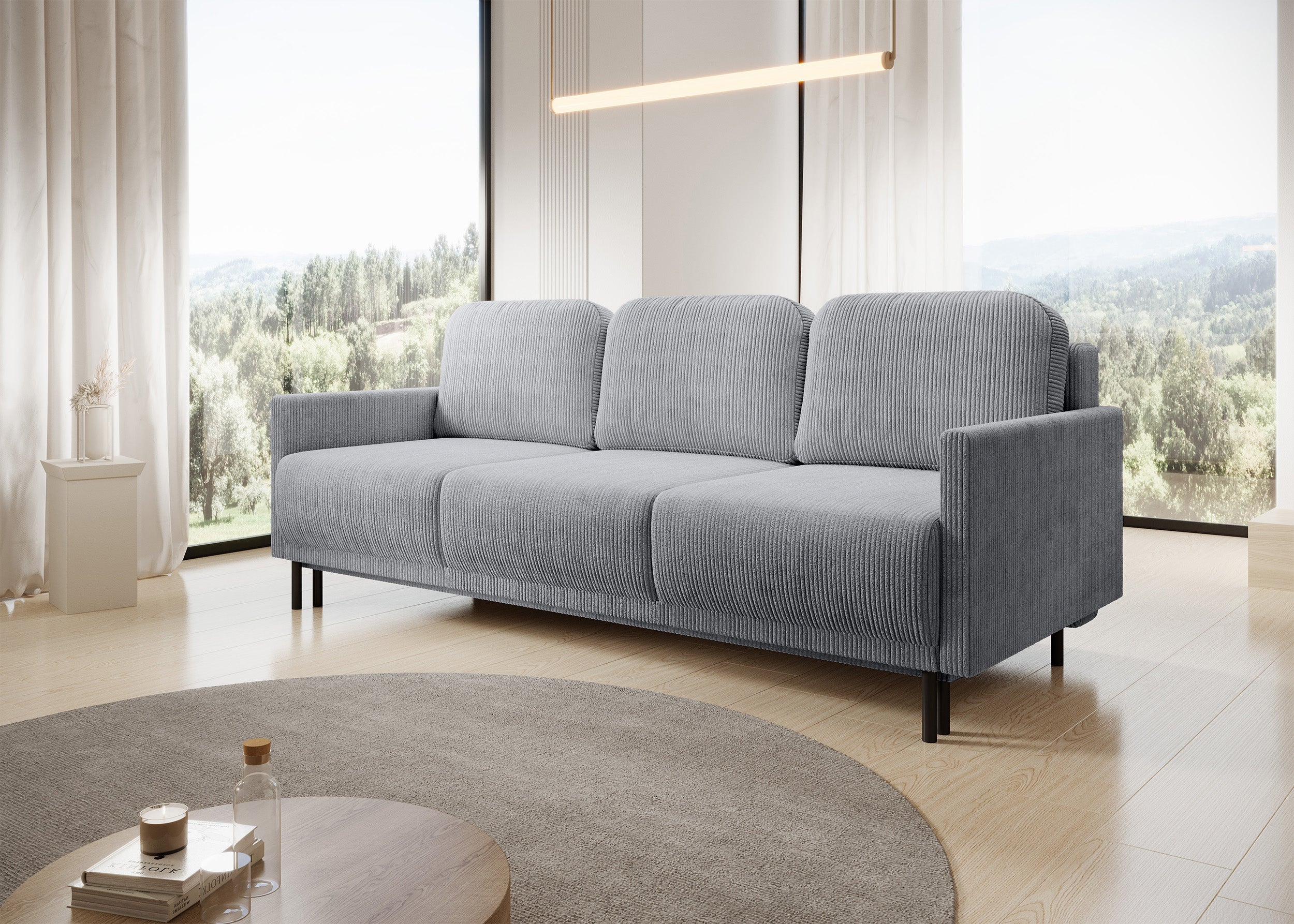 Dreisitziges ausklappbares Sofa Hamiel mit Stauraum, hellgrauer Cordstoff