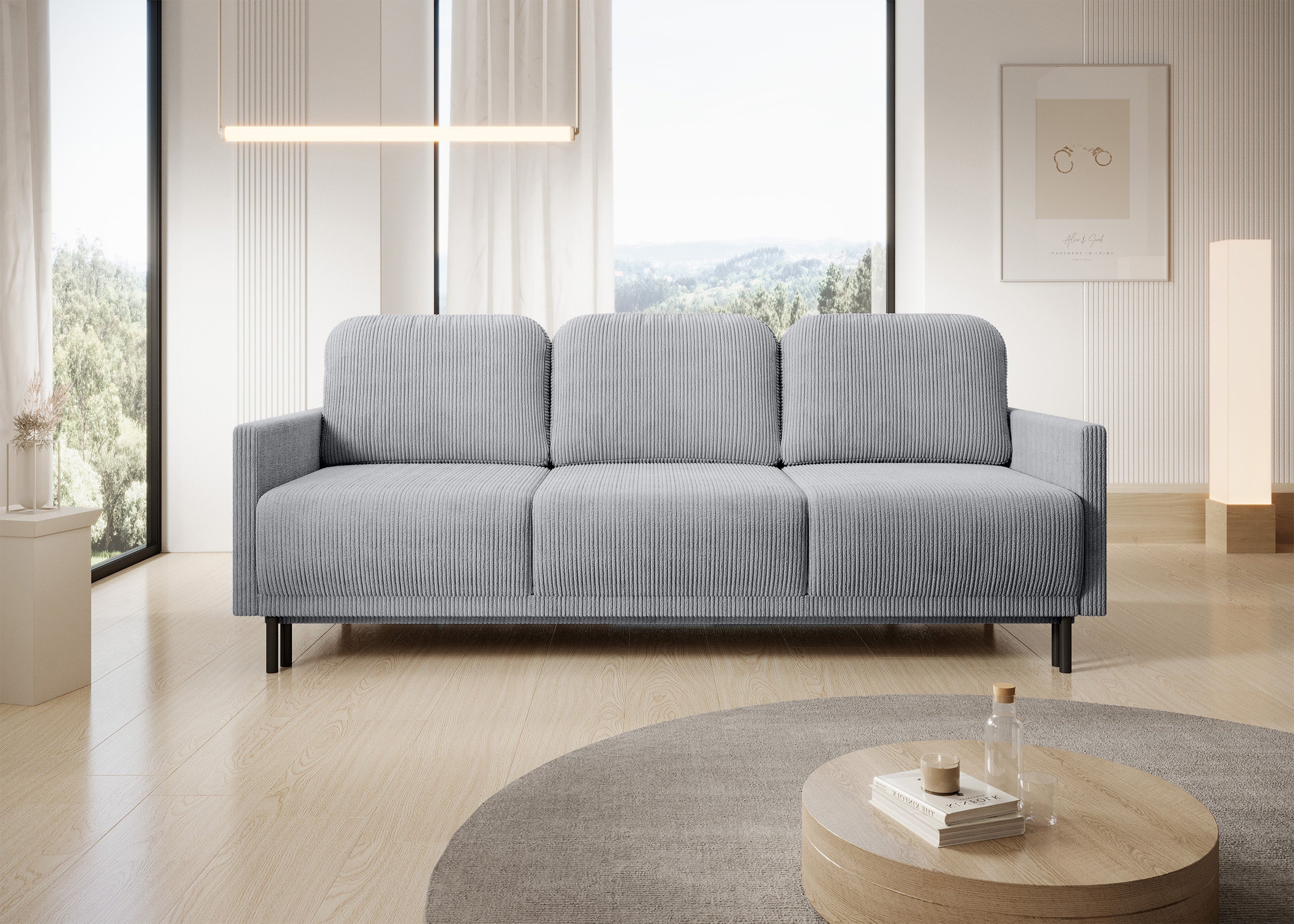 Dreisitziges ausklappbares Sofa Hamiel mit Stauraum, hellgrauer Cordstoff