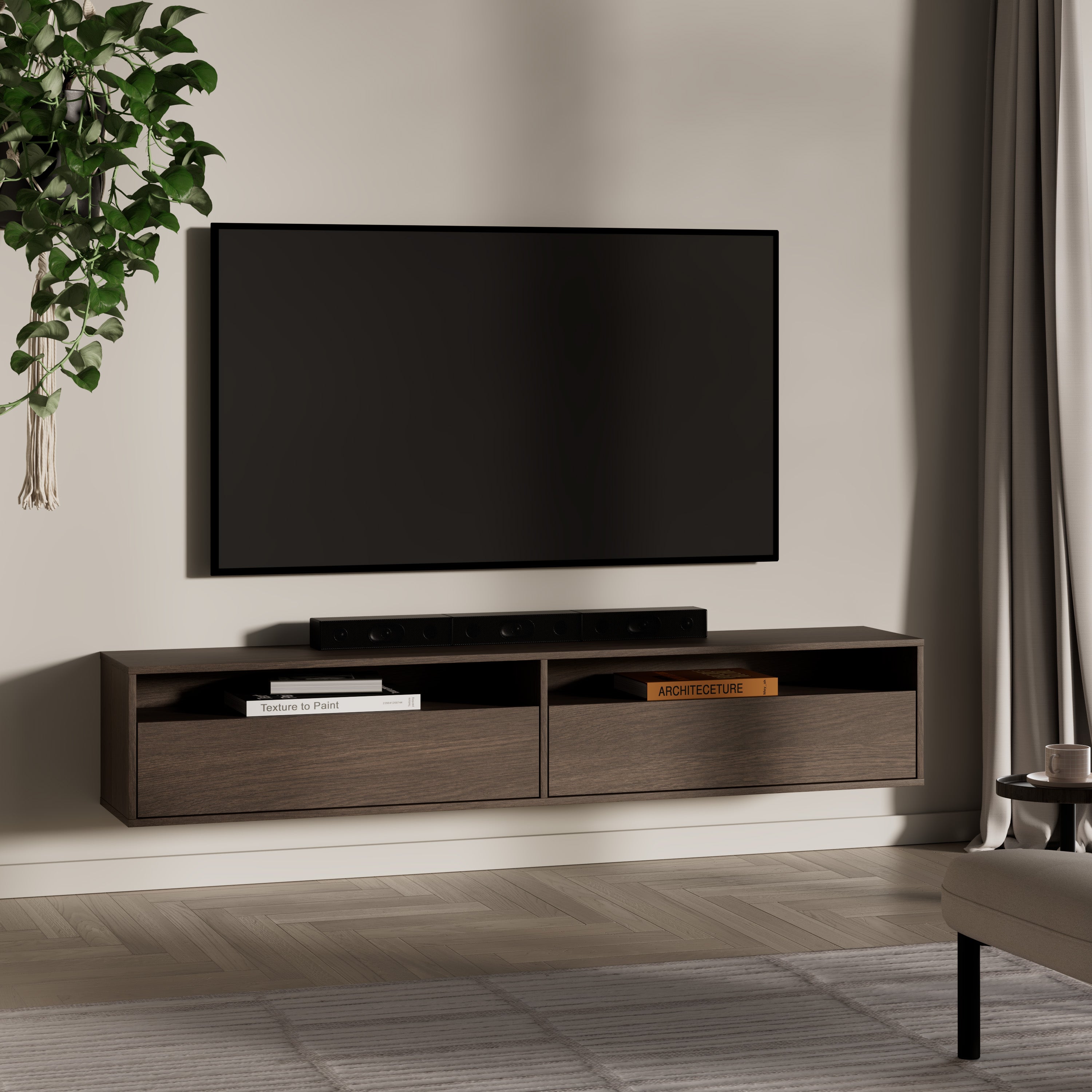 Hängender TV-Schrank Heggers mit zwei Klappen und Fächern, 180 cm, Eiche Dunin