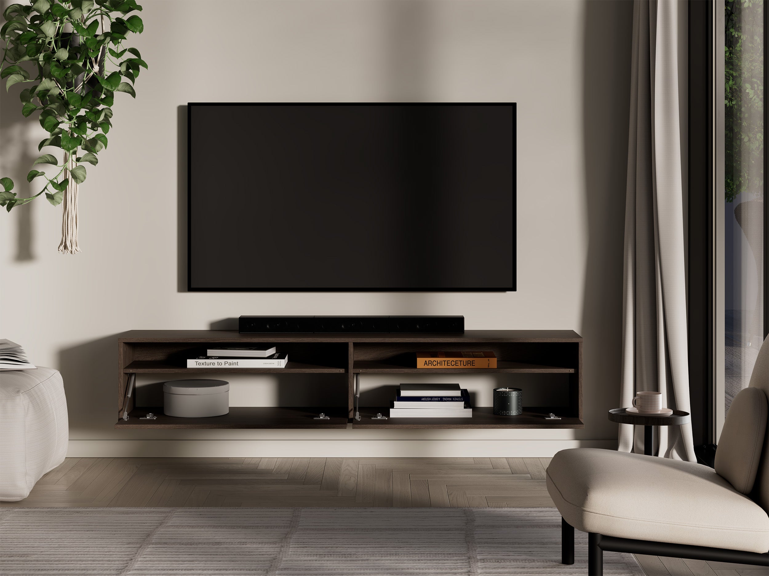 Hängender TV-Schrank Heggers mit zwei Klappen und Fächern, 180 cm, Eiche Dunin