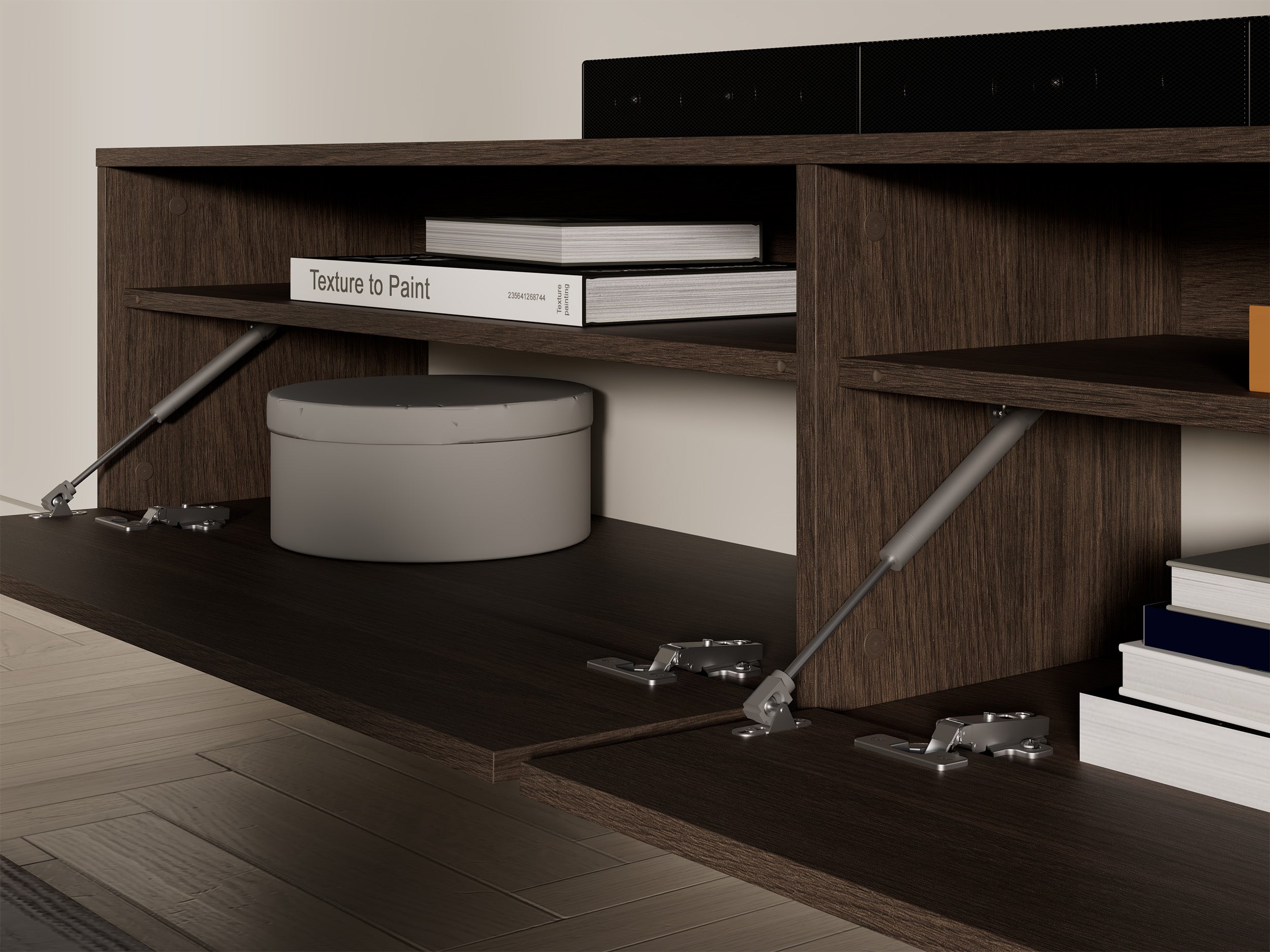 Hängender TV-Schrank Heggers mit zwei Klappen und Fächern, 180 cm, Eiche Dunin