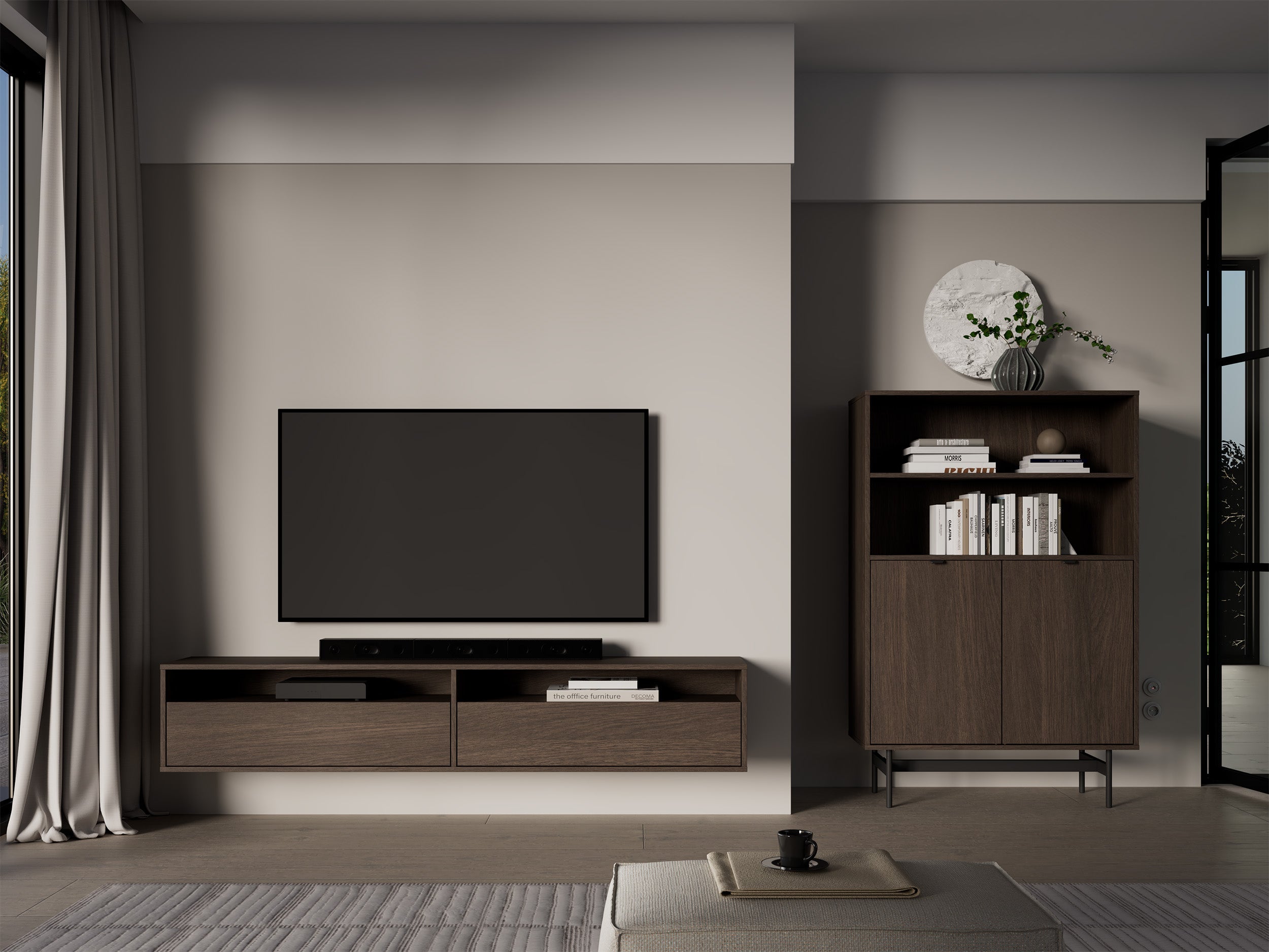 Hängender TV-Schrank Heggers mit zwei Klappen und Fächern, 180 cm, Eiche Dunin