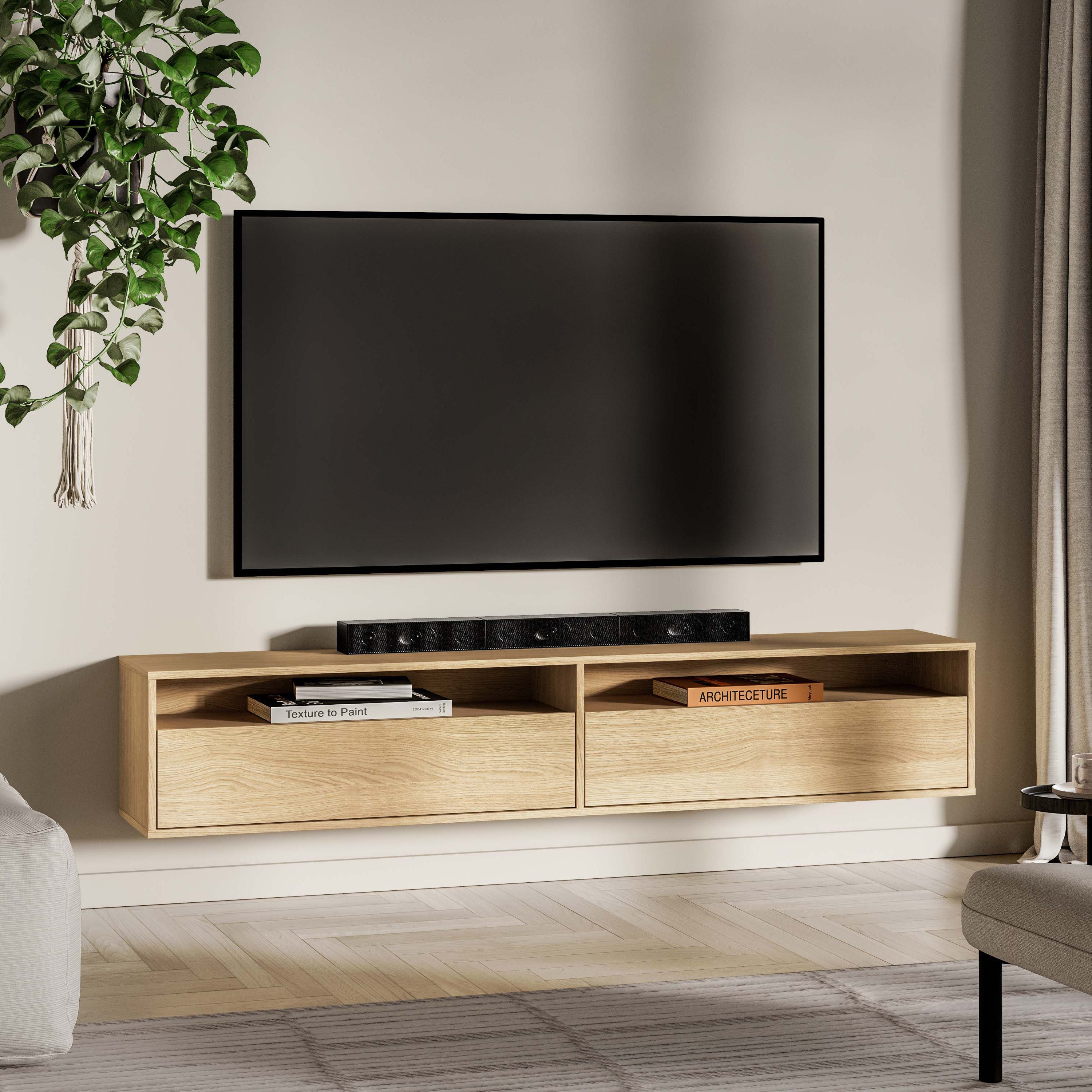 Hängender TV-Schrank Heggers mit zwei Klappen und Nischen, 180 cm, Eiche Mavelie