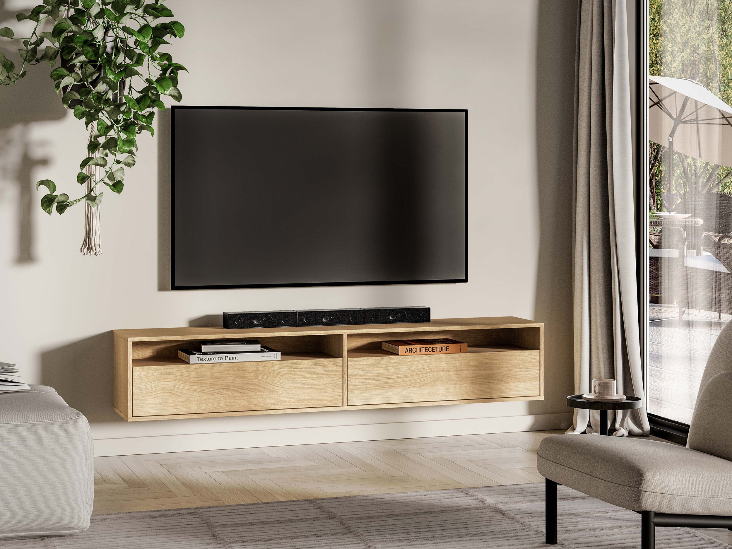 Hängender TV-Schrank Heggers mit zwei Klappen und Nischen, 180 cm, Eiche Mavelie