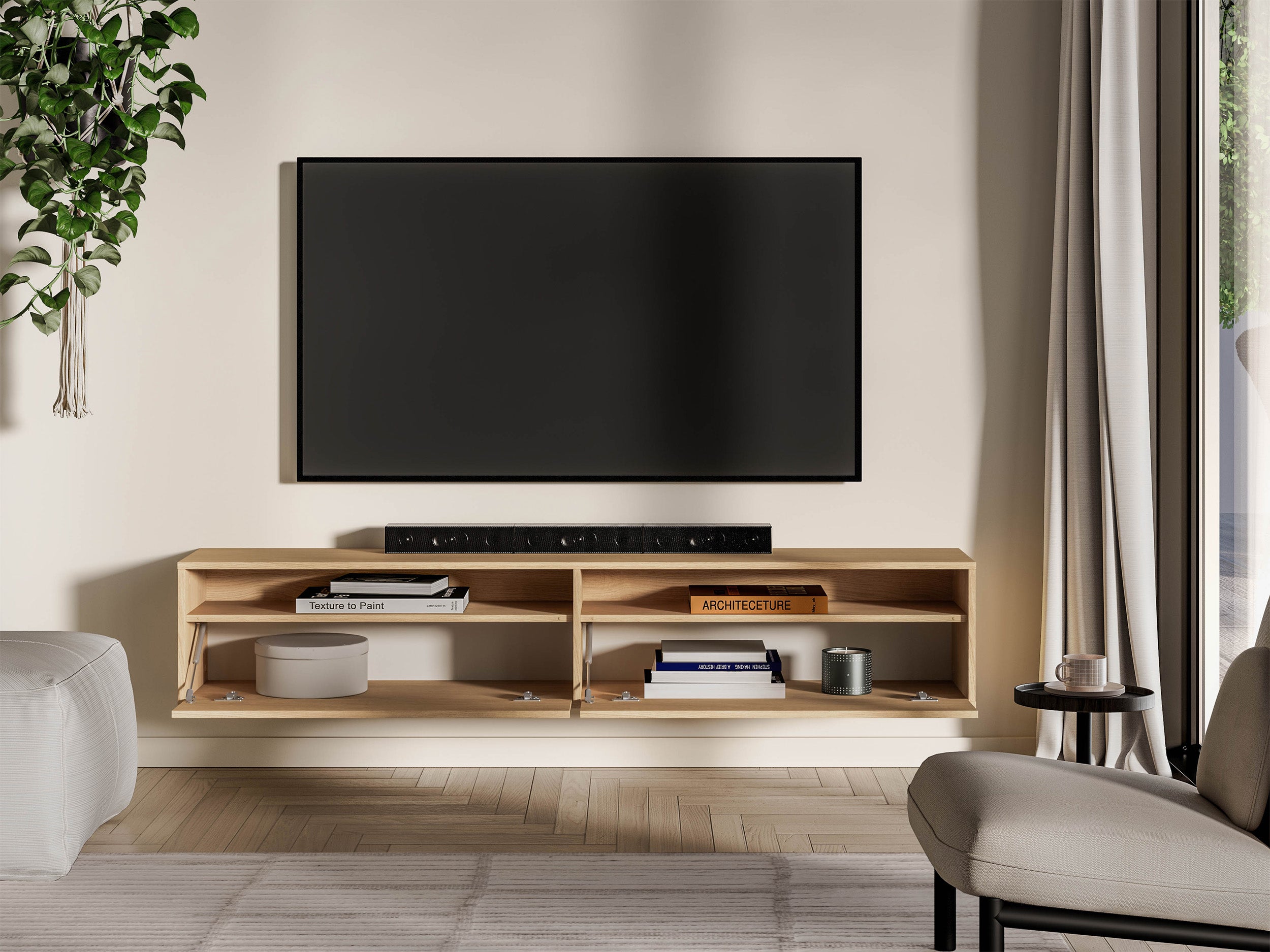 Hängender TV-Schrank Heggers mit zwei Klappen und Nischen, 180 cm, Eiche Mavelie