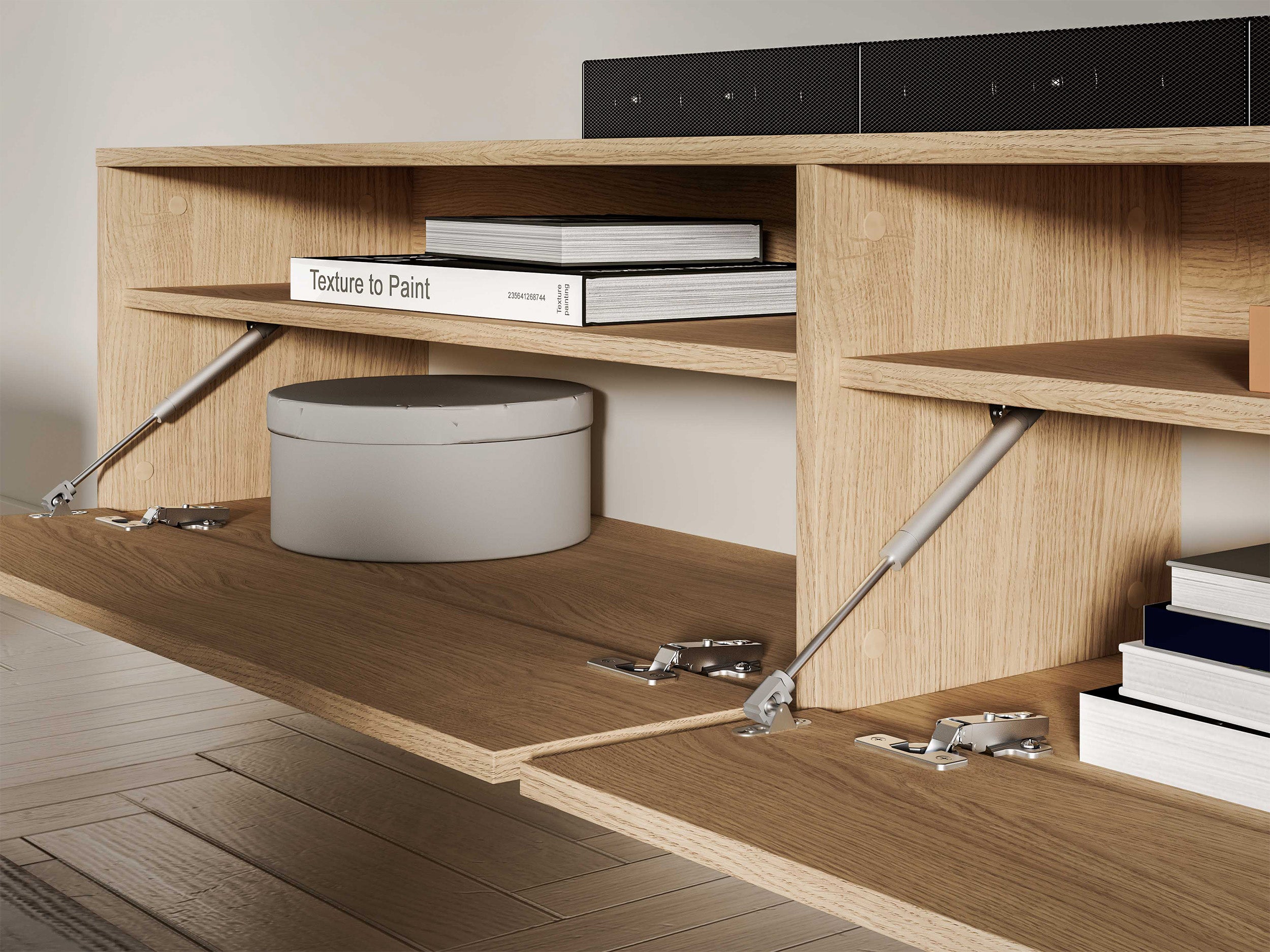 Hängender TV-Schrank Heggers mit zwei Klappen und Nischen, 180 cm, Eiche Mavelie