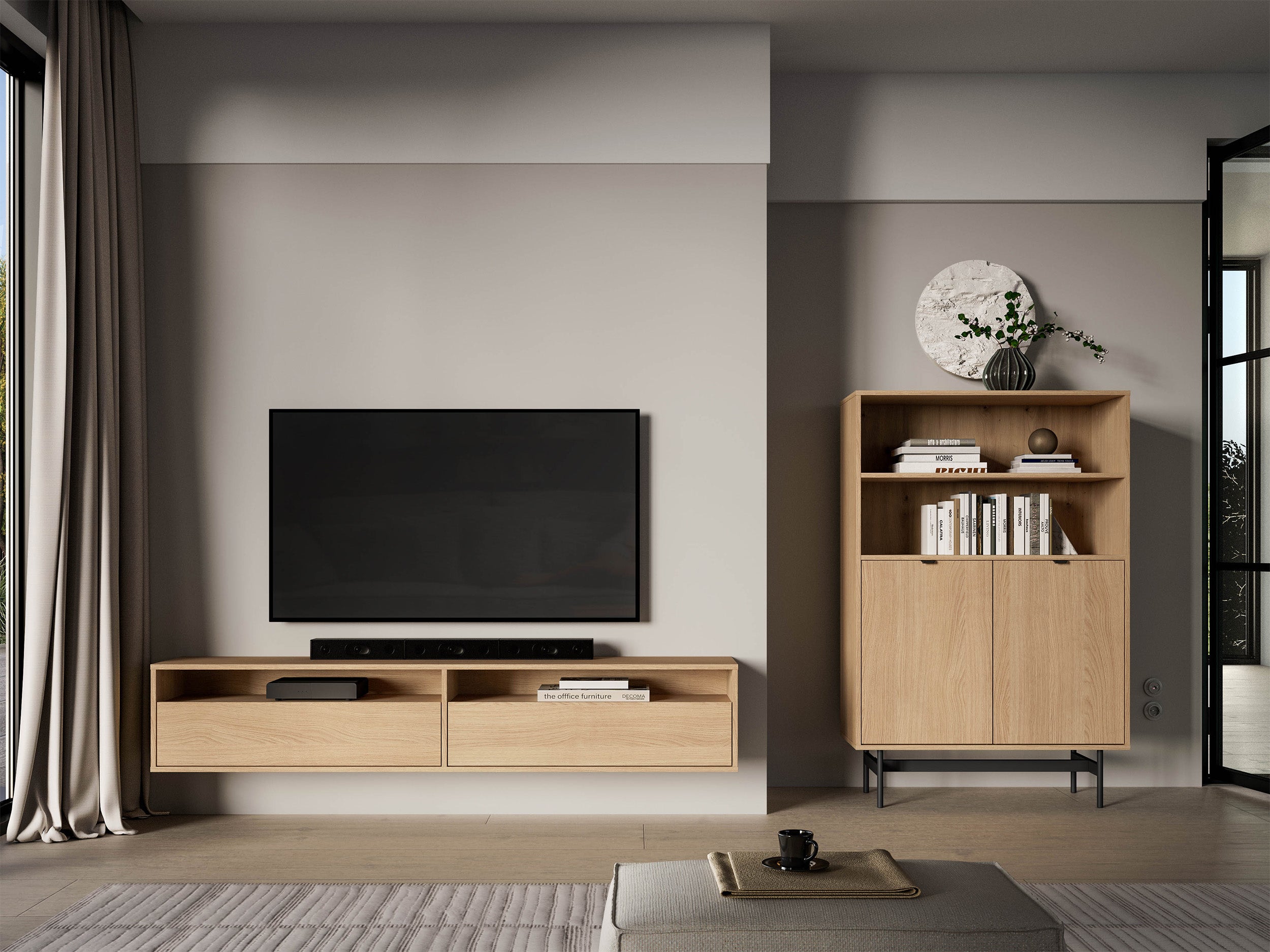 Hängender TV-Schrank Heggers mit zwei Klappen und Nischen, 180 cm, Eiche Mavelie