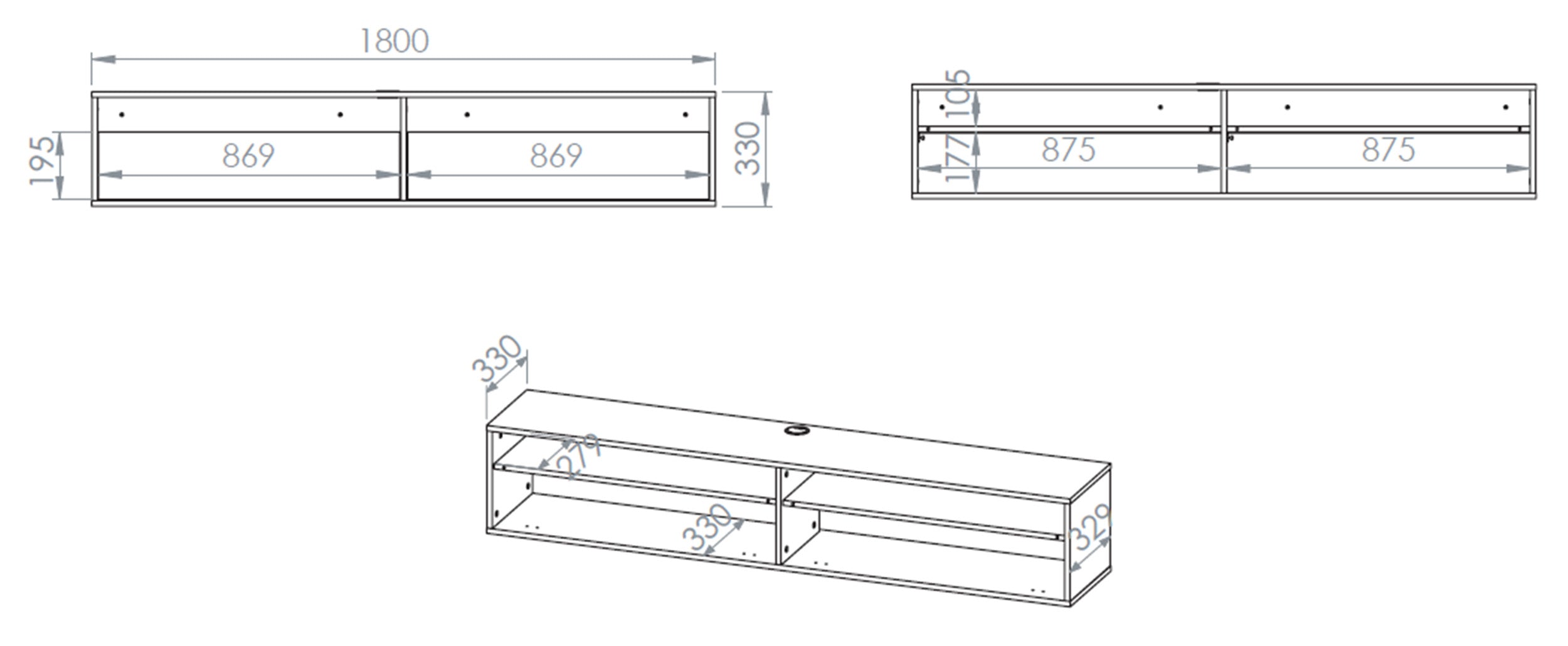 Hängender TV-Schrank Heggers mit zwei Klappen und Nischen, 180 cm, Eiche Mavelie