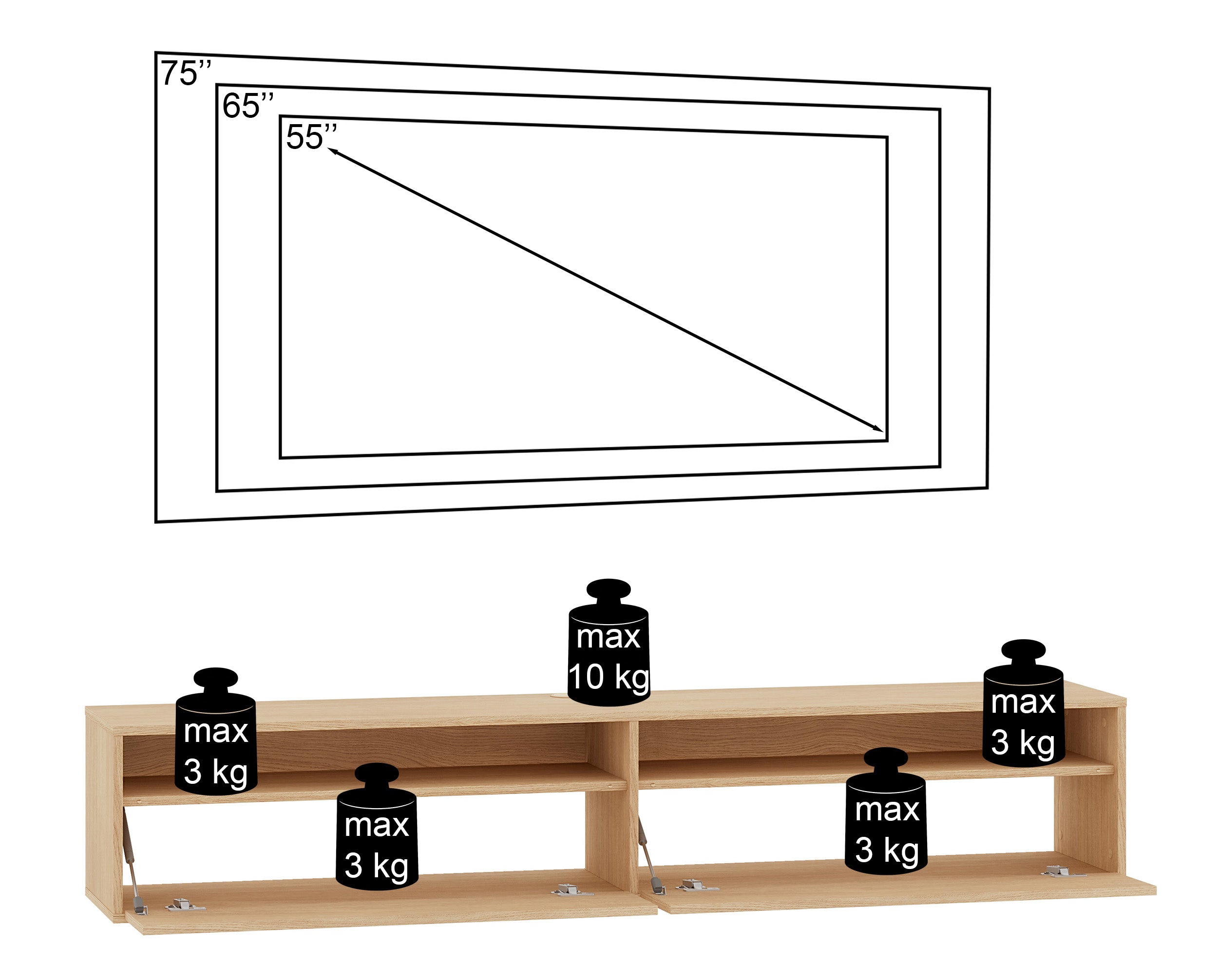 Hängender TV-Schrank Heggers mit zwei Klappen und Nischen, 180 cm, Eiche Mavelie