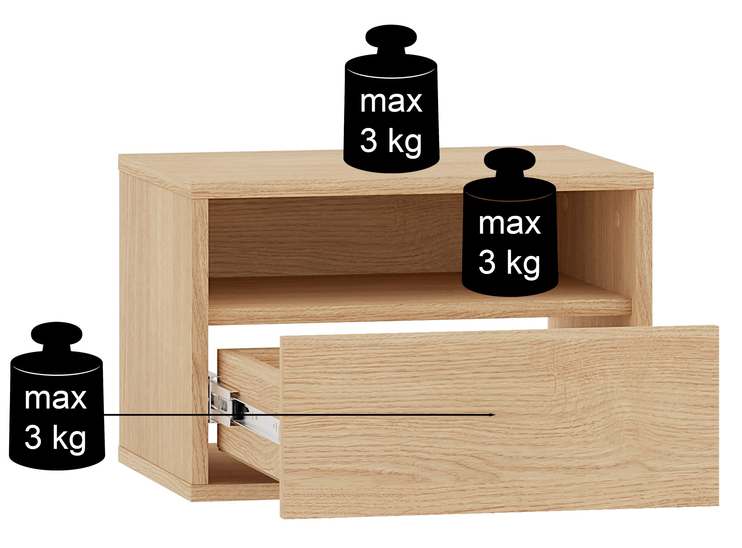 Hängender Nachttisch Heggers mit Schublade und Fach, 45 cm, Eiche Mavelie