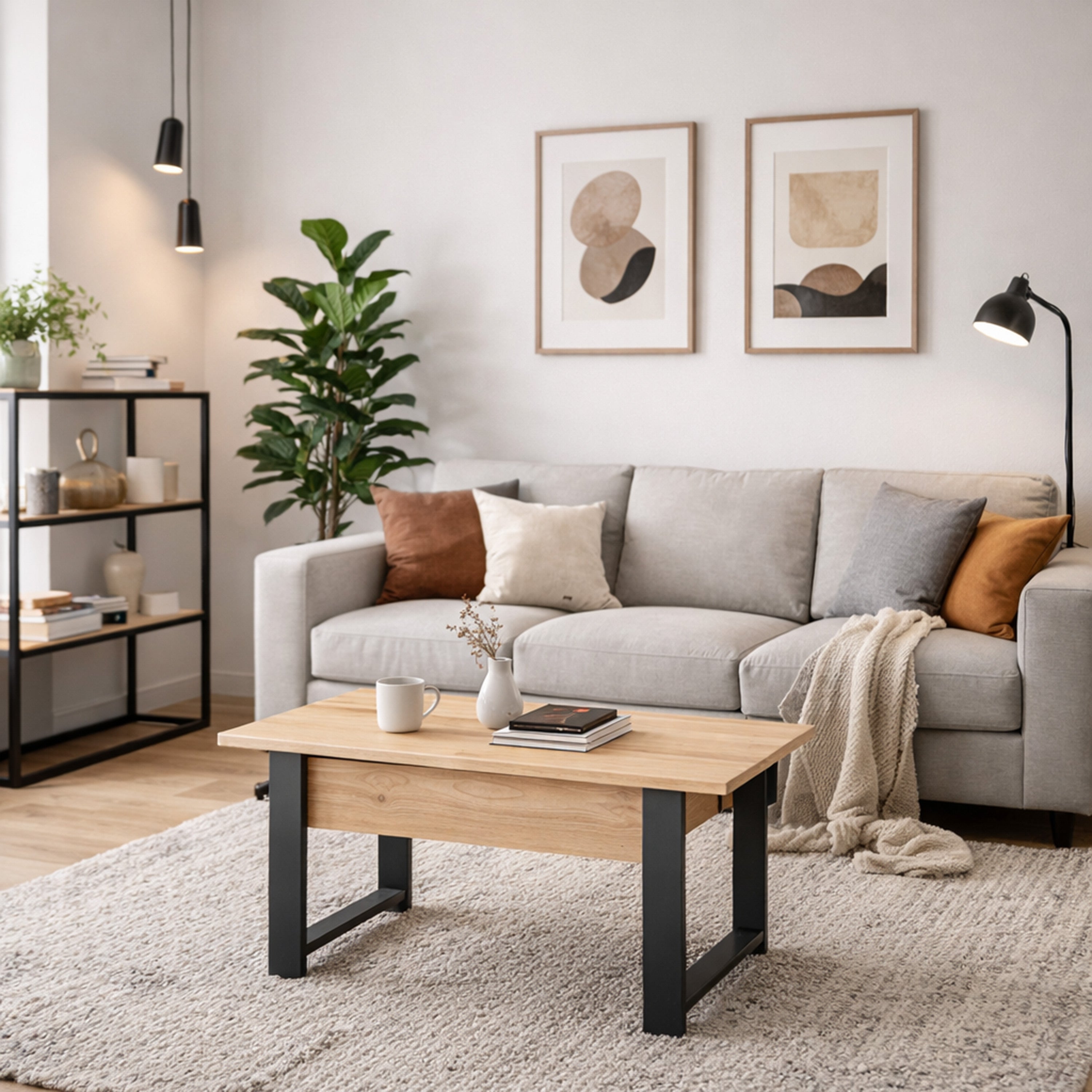 Ausziehbarer Couchtisch Hugo 120(157)x67 cm Artisan-Eiche mit schwarzen Beinen