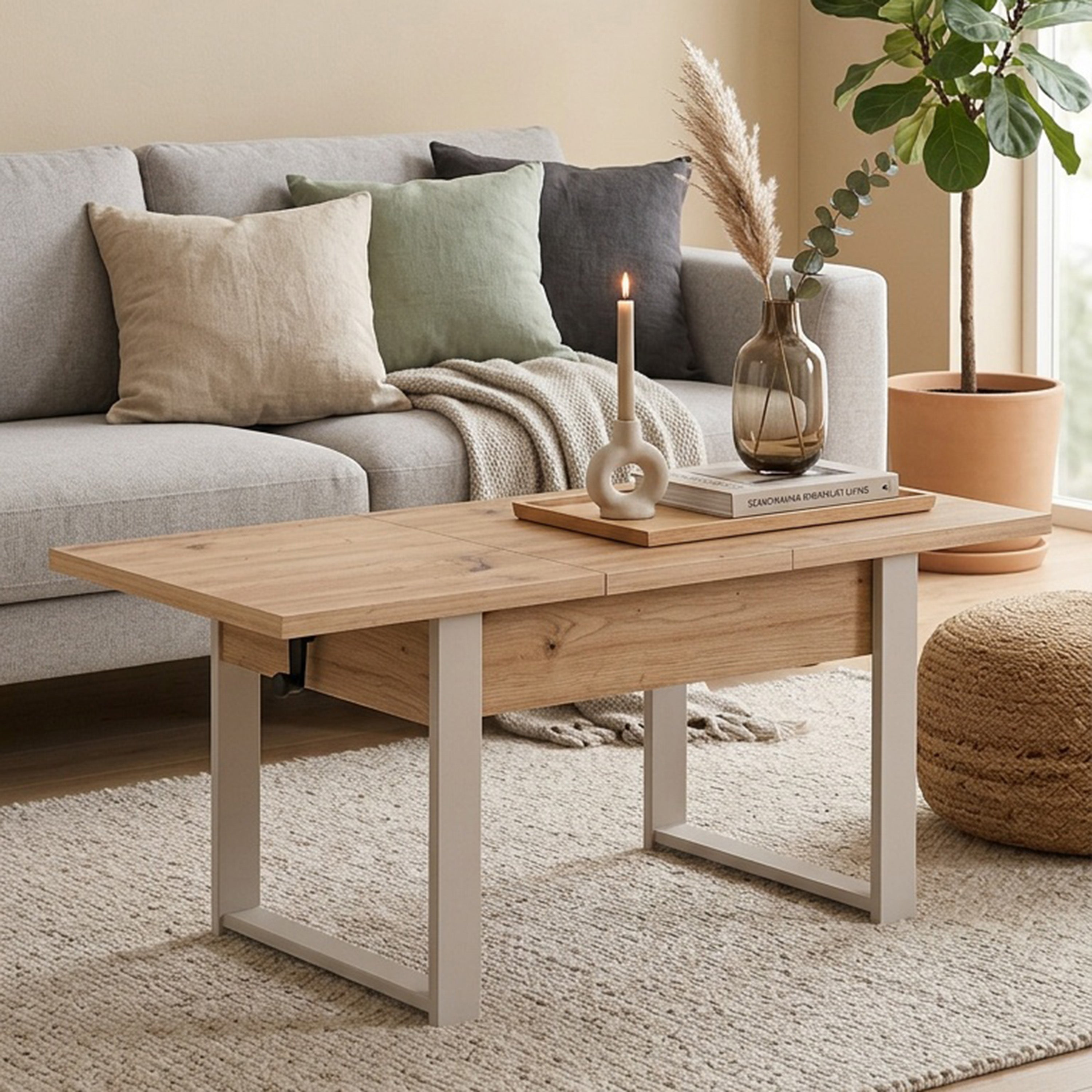 Ausziehbarer Couchtisch Hugo 120(157)x67 cm Artisan-Eiche mit kaschmirfarbenen Beinen
