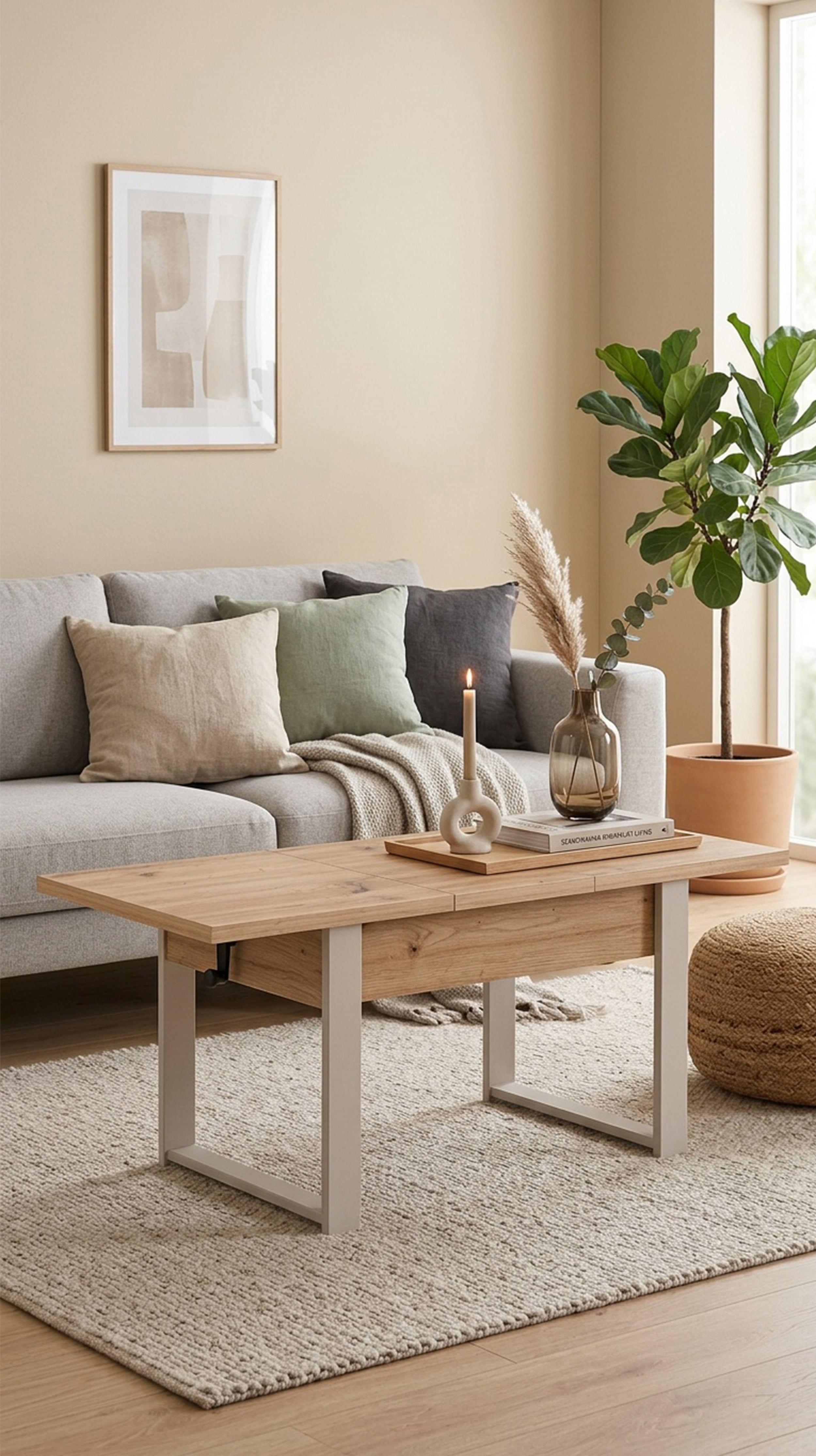 Ausziehbarer Couchtisch Hugo 120(157)x67 cm Artisan-Eiche mit kaschmirfarbenen Beinen