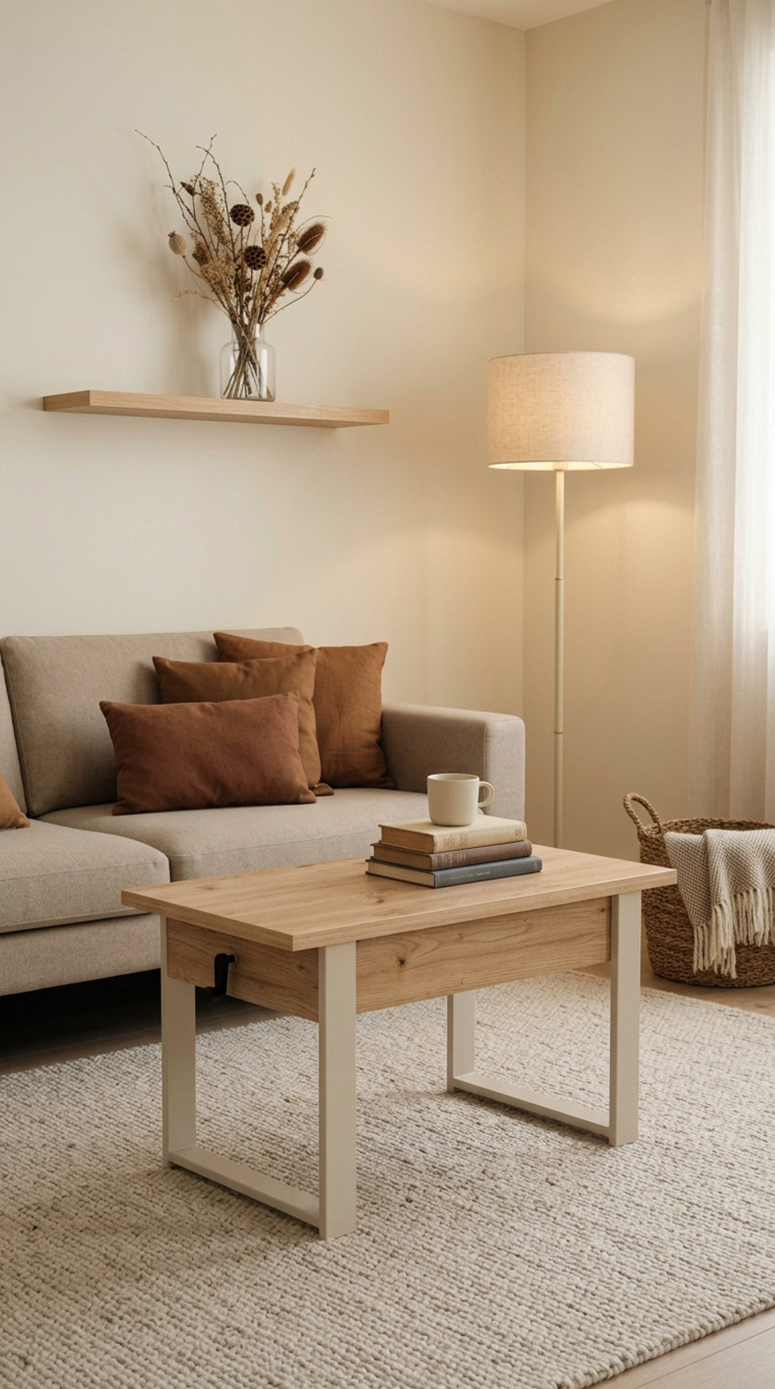 Ausziehbarer Couchtisch Hugo 120(157)x67 cm Artisan-Eiche mit kaschmirfarbenen Beinen