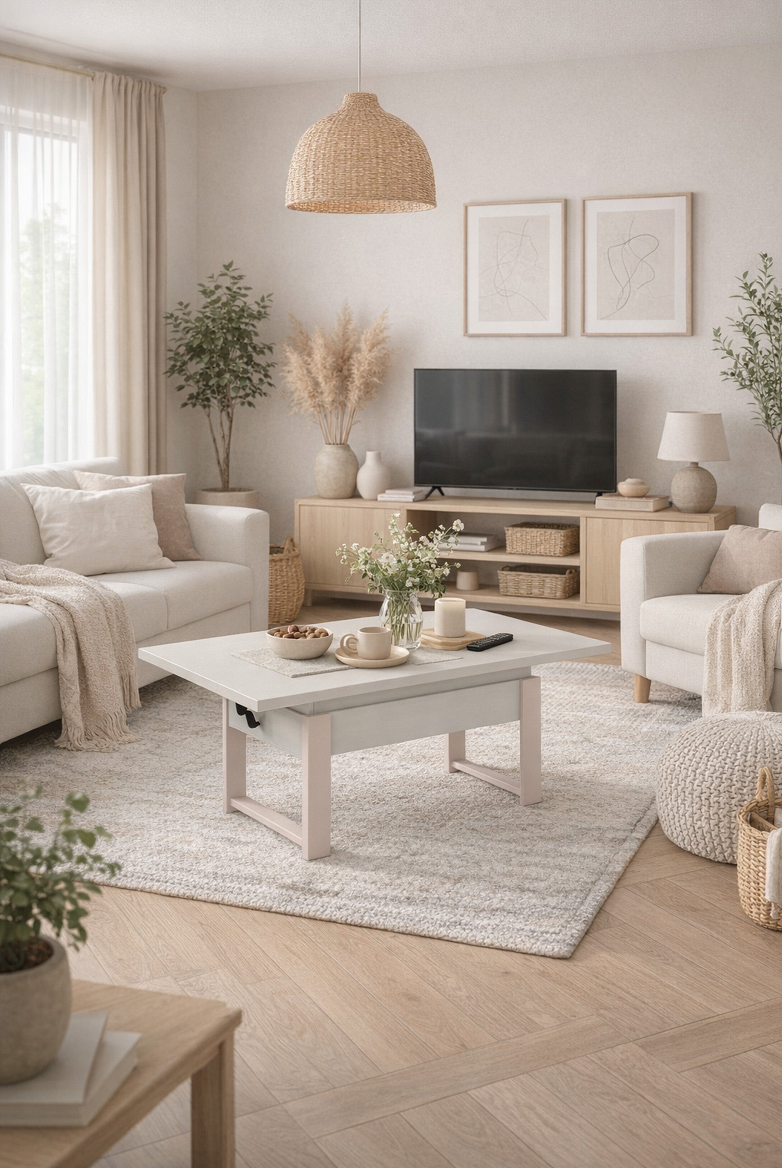 Ausziehbarer Couchtisch Hugo 120(157)x67 cm in Alpenweiß mit Kaschmir-Beinen