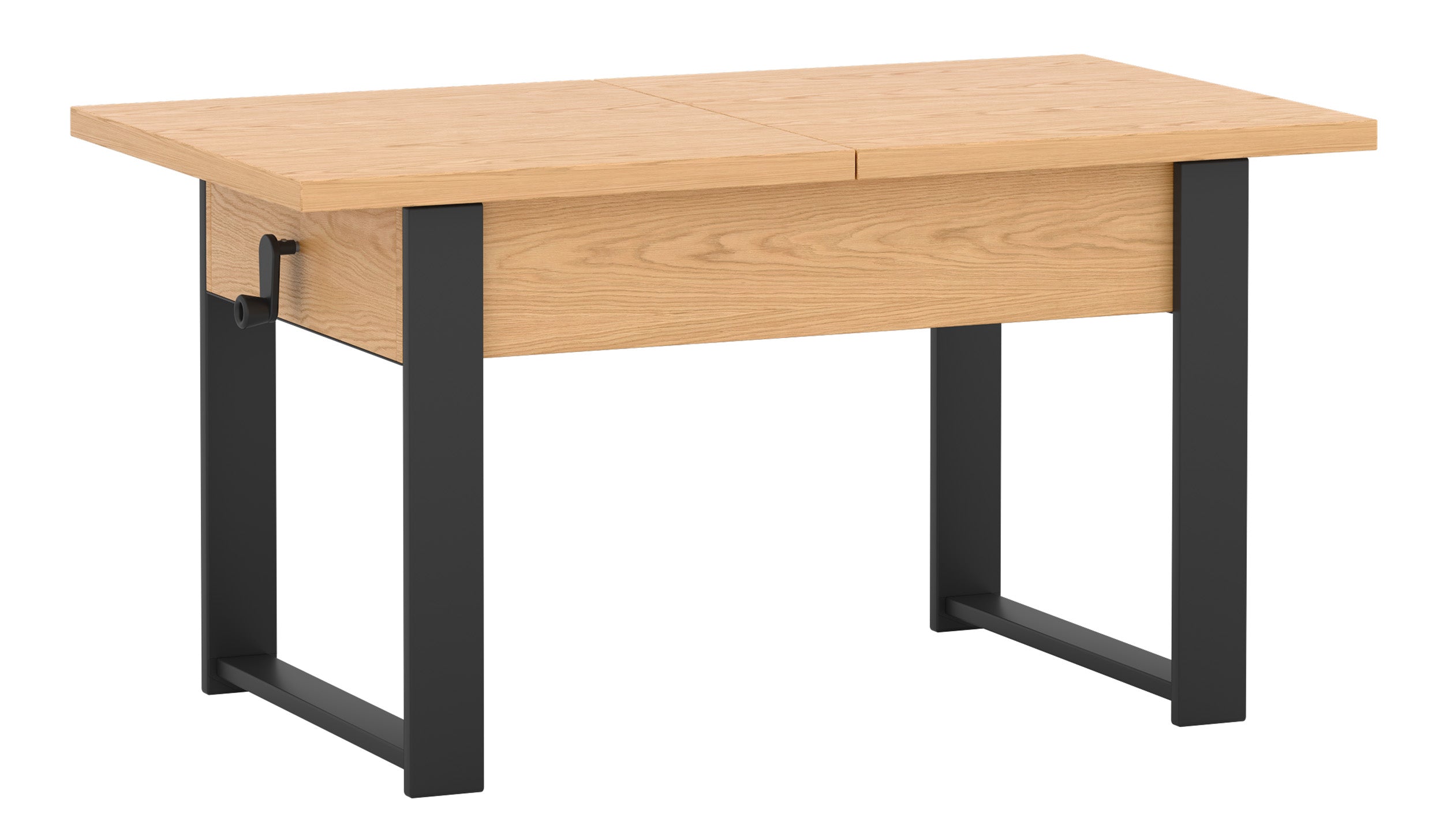 Ausziehbarer Couchtisch Hugo 120(157)x67 cm Eiche Bookmatch mit schwarzen Beinen