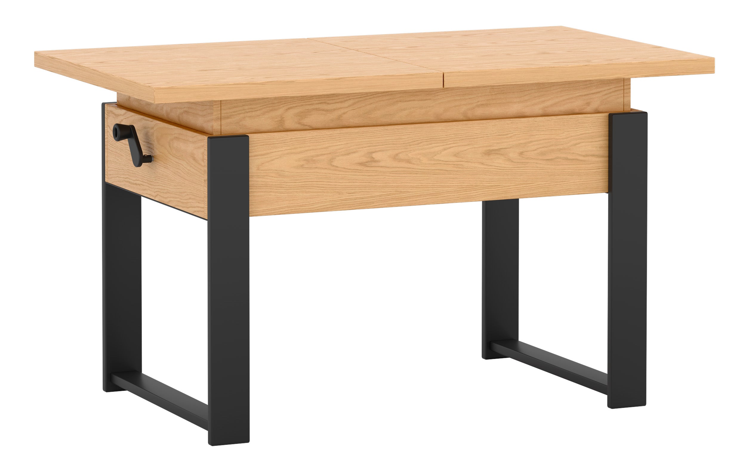 Ausziehbarer Couchtisch Hugo 120(157)x67 cm Eiche Bookmatch mit schwarzen Beinen