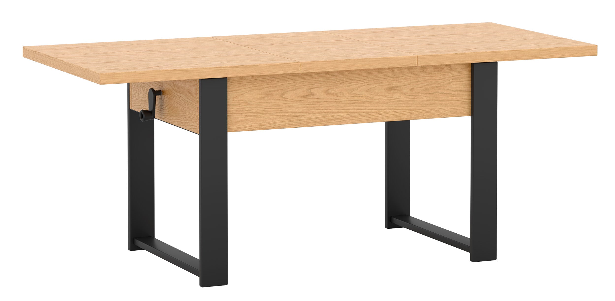 Ausziehbarer Couchtisch Hugo 120(157)x67 cm Eiche Bookmatch mit schwarzen Beinen
