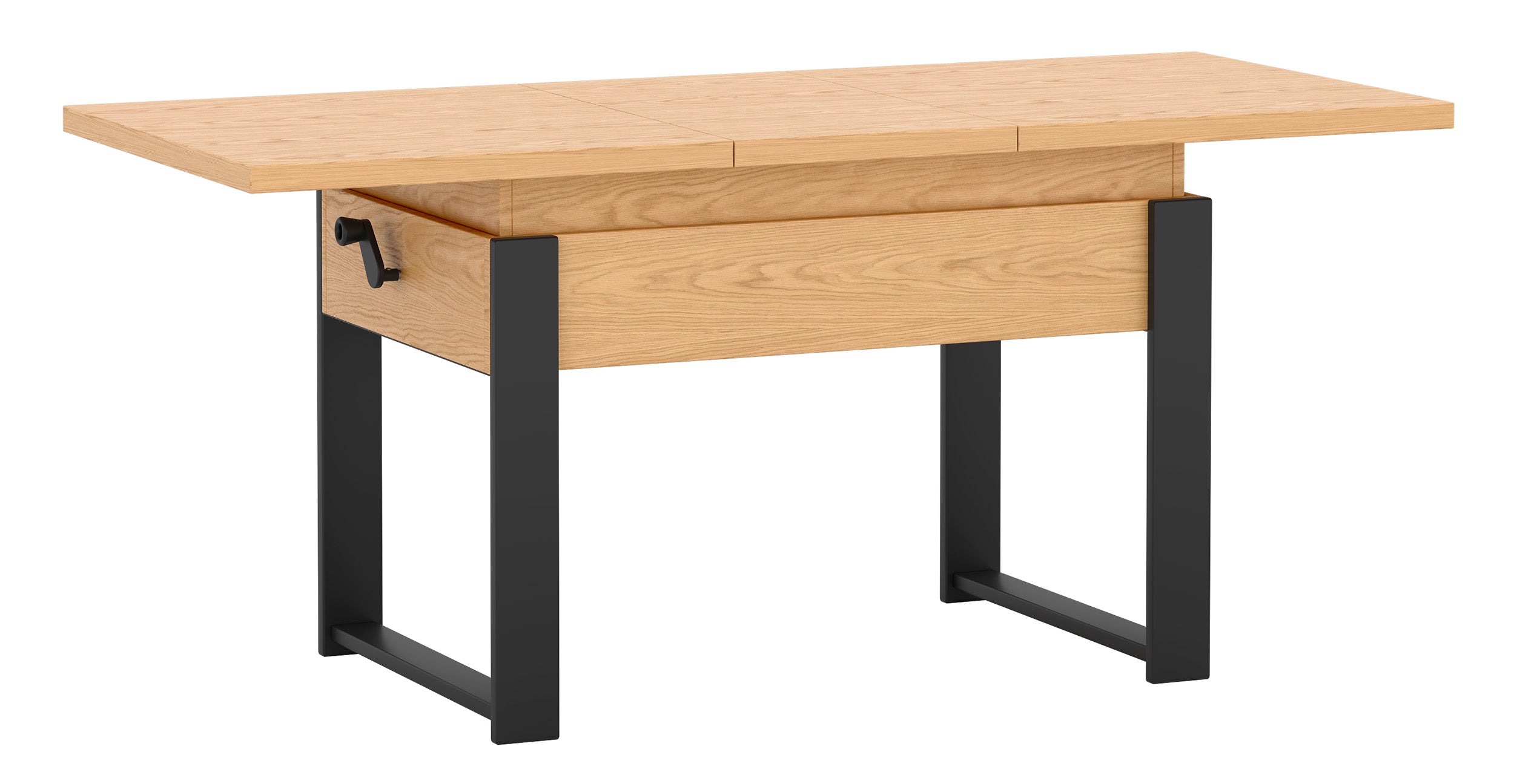Ausziehbarer Couchtisch Hugo 120(157)x67 cm Eiche Bookmatch mit schwarzen Beinen