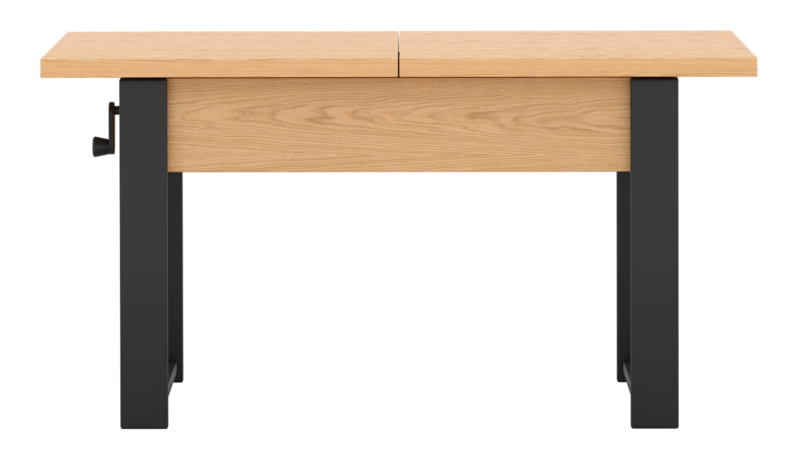 Ausziehbarer Couchtisch Hugo 120(157)x67 cm Eiche Bookmatch mit schwarzen Beinen