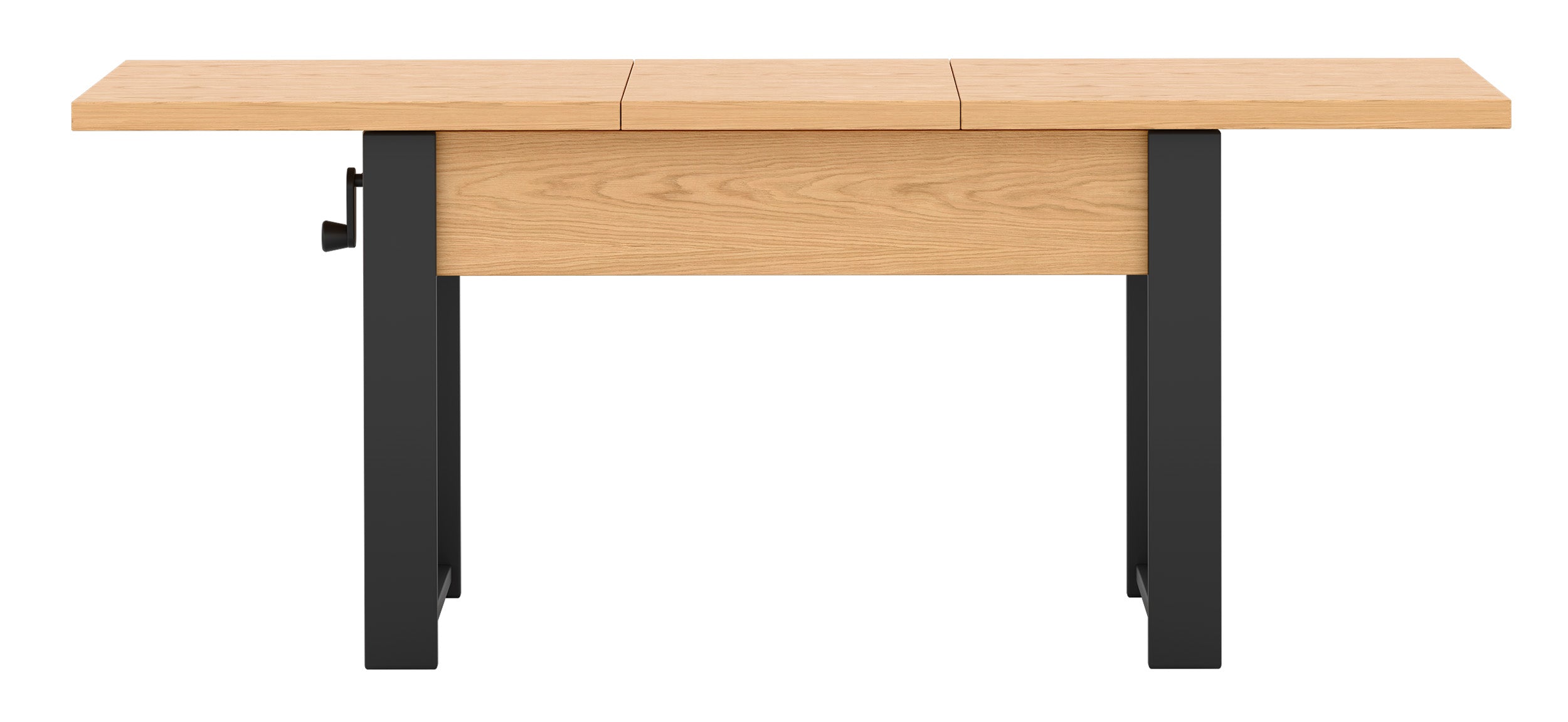 Ausziehbarer Couchtisch Hugo 120(157)x67 cm Eiche Bookmatch mit schwarzen Beinen