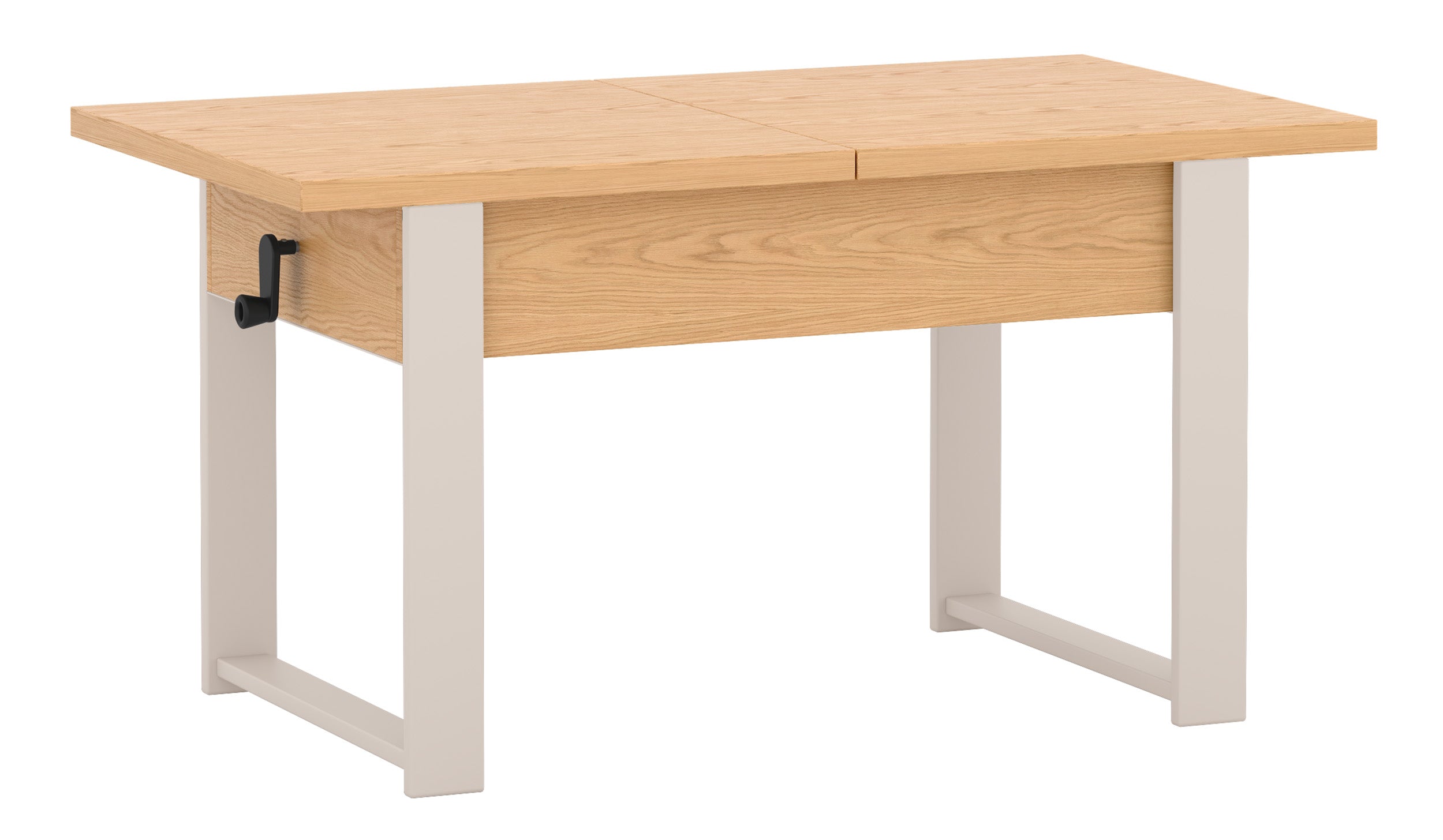 Ausziehbarer Couchtisch Hugo 120(157)x67 cm in Eiche Bookmatch mit kaschmirfarbenen Beinen