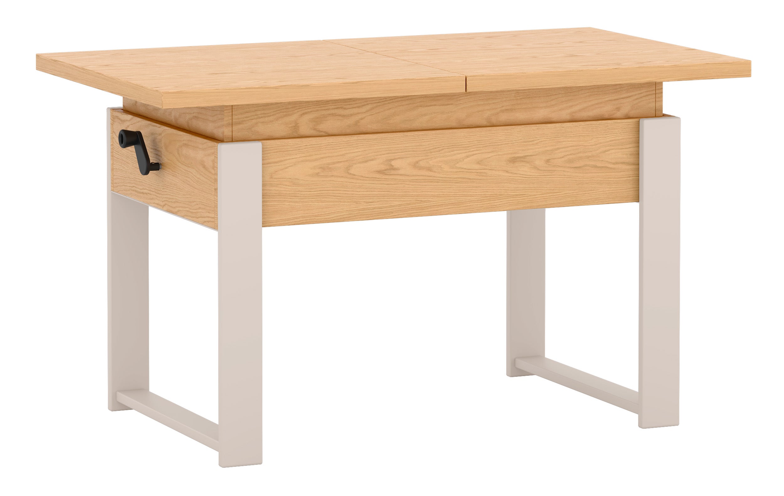 Ausziehbarer Couchtisch Hugo 120(157)x67 cm in Eiche Bookmatch mit kaschmirfarbenen Beinen