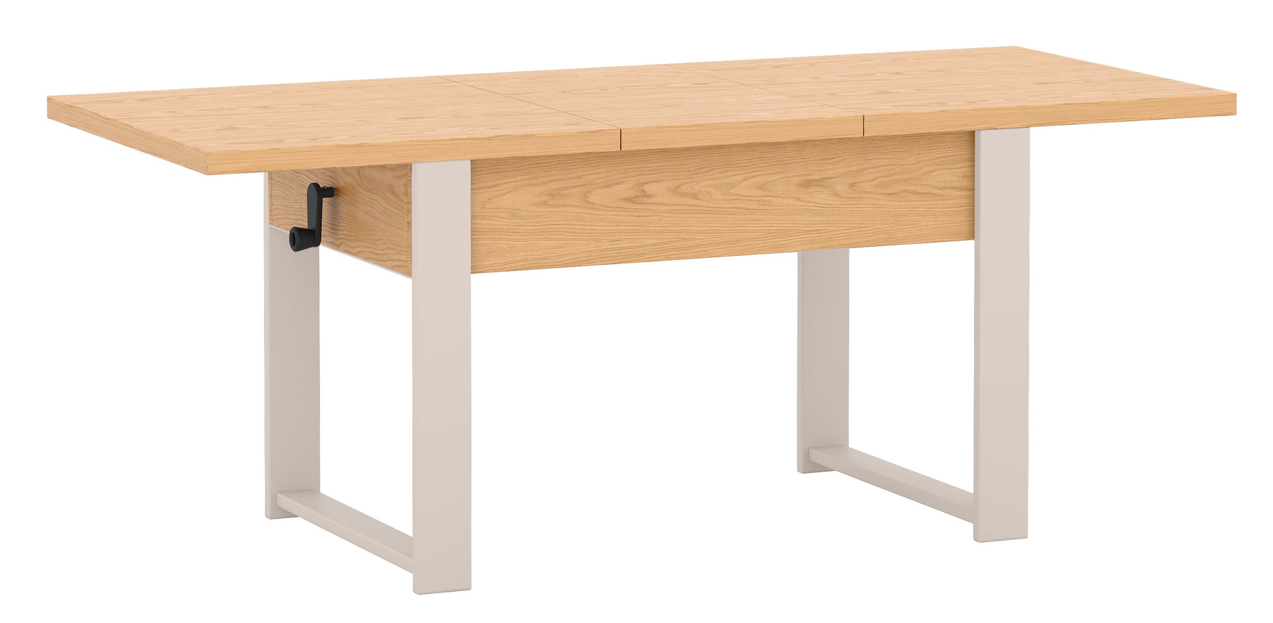 Ausziehbarer Couchtisch Hugo 120(157)x67 cm in Eiche Bookmatch mit kaschmirfarbenen Beinen