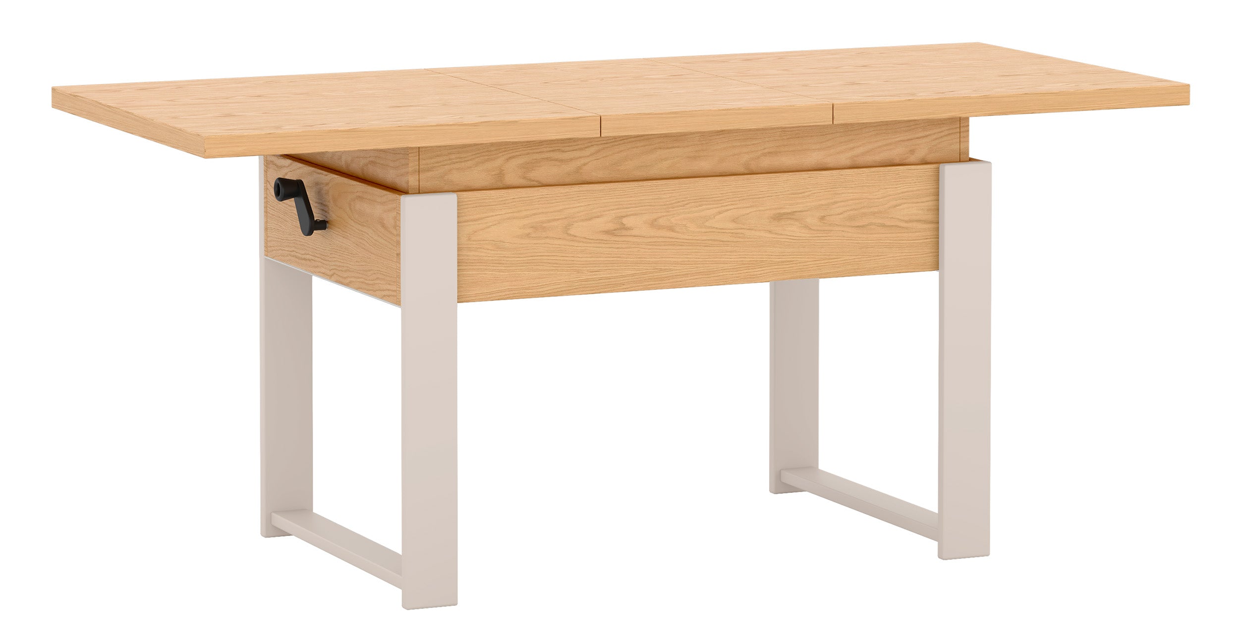 Ausziehbarer Couchtisch Hugo 120(157)x67 cm in Eiche Bookmatch mit kaschmirfarbenen Beinen