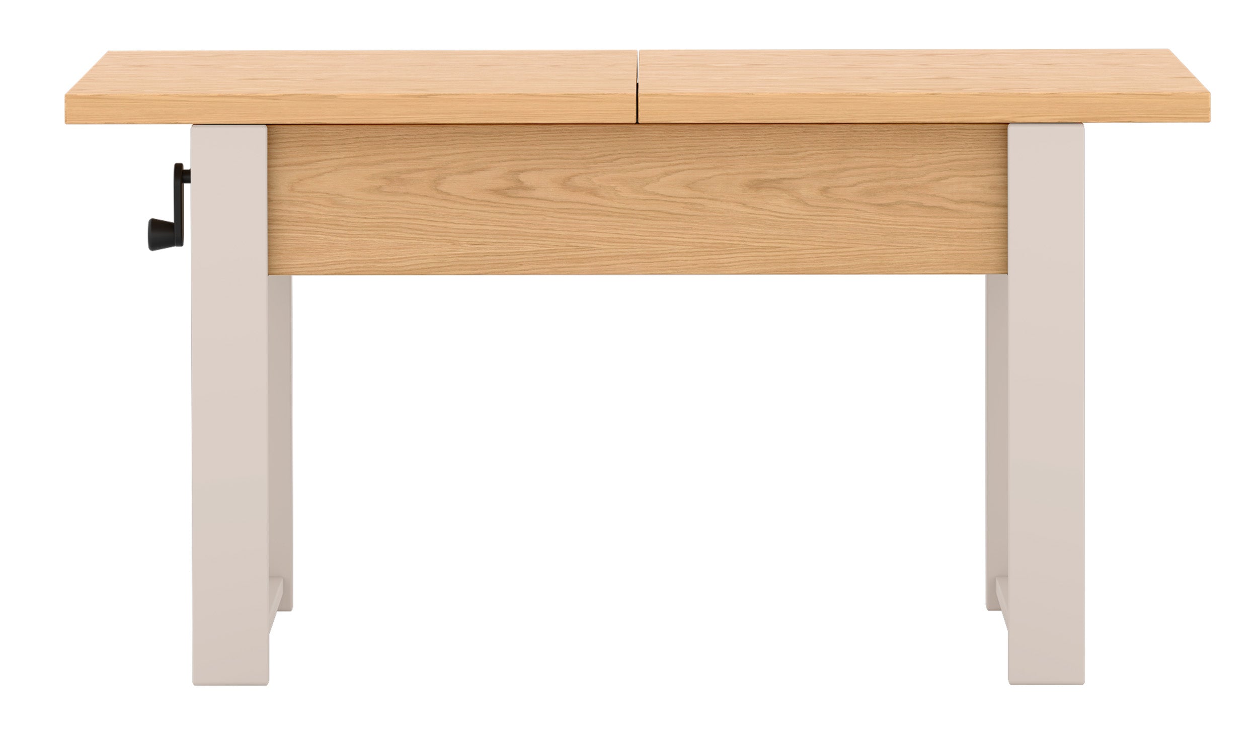 Ausziehbarer Couchtisch Hugo 120(157)x67 cm in Eiche Bookmatch mit kaschmirfarbenen Beinen