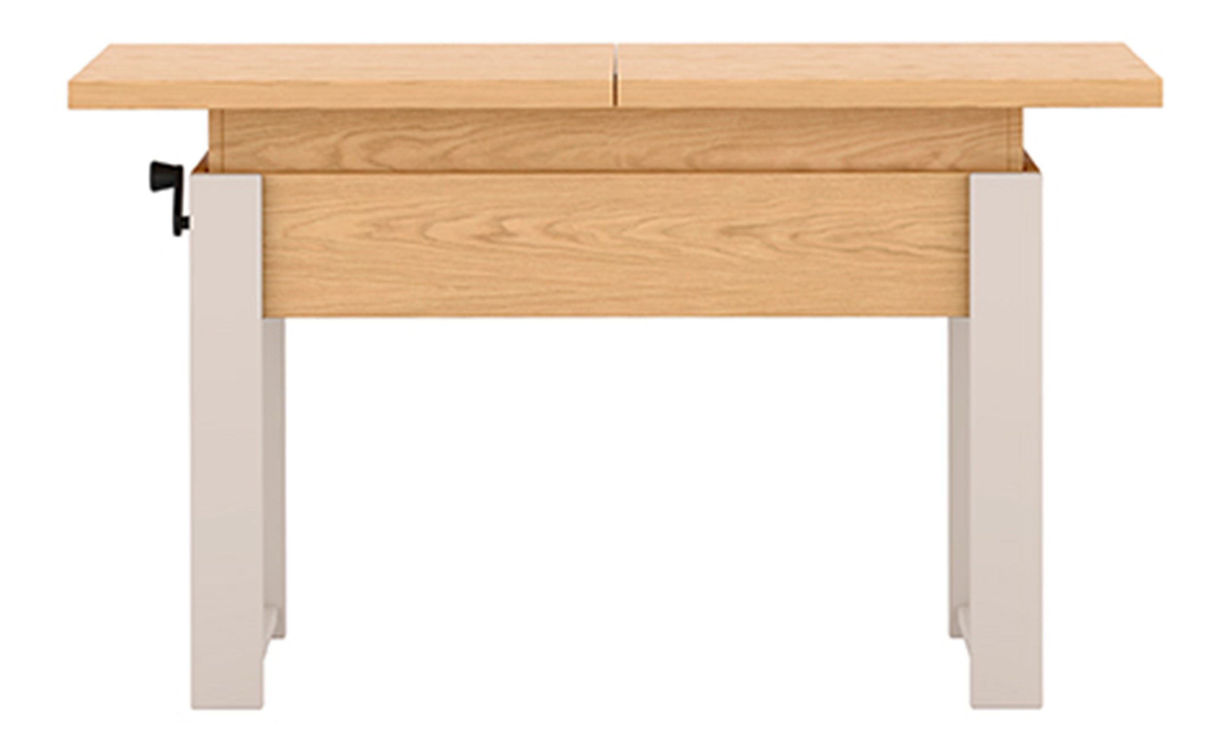 Ausziehbarer Couchtisch Hugo 120(157)x67 cm in Eiche Bookmatch mit kaschmirfarbenen Beinen