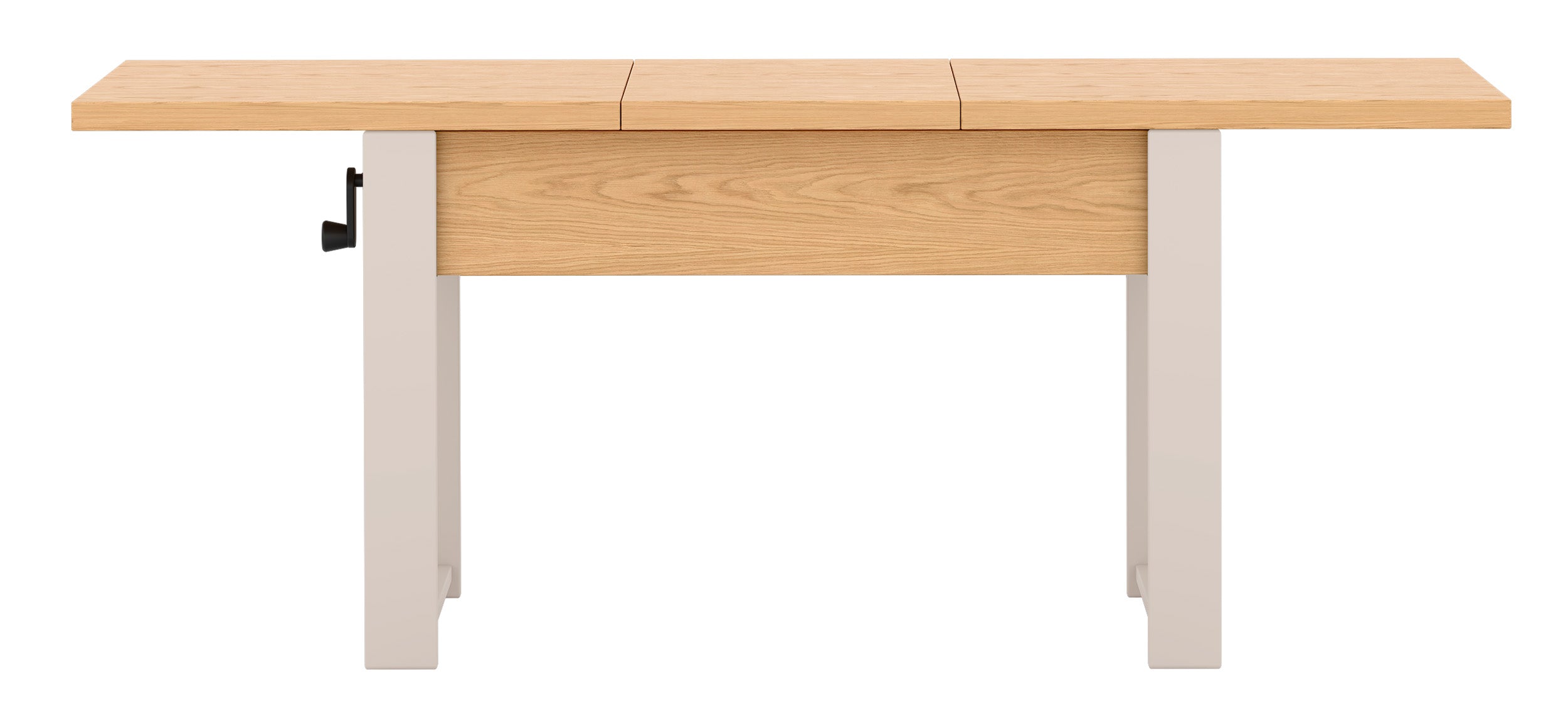 Ausziehbarer Couchtisch Hugo 120(157)x67 cm in Eiche Bookmatch mit kaschmirfarbenen Beinen