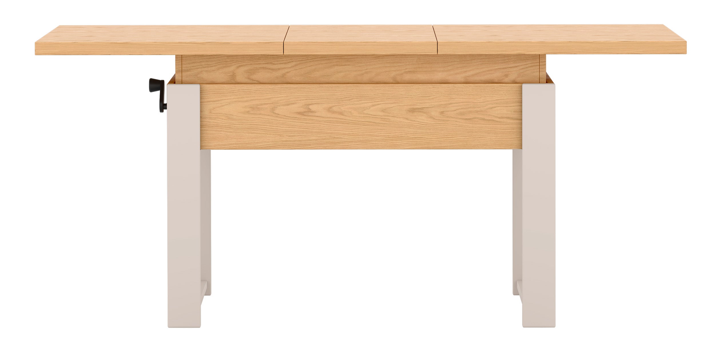Ausziehbarer Couchtisch Hugo 120(157)x67 cm in Eiche Bookmatch mit kaschmirfarbenen Beinen