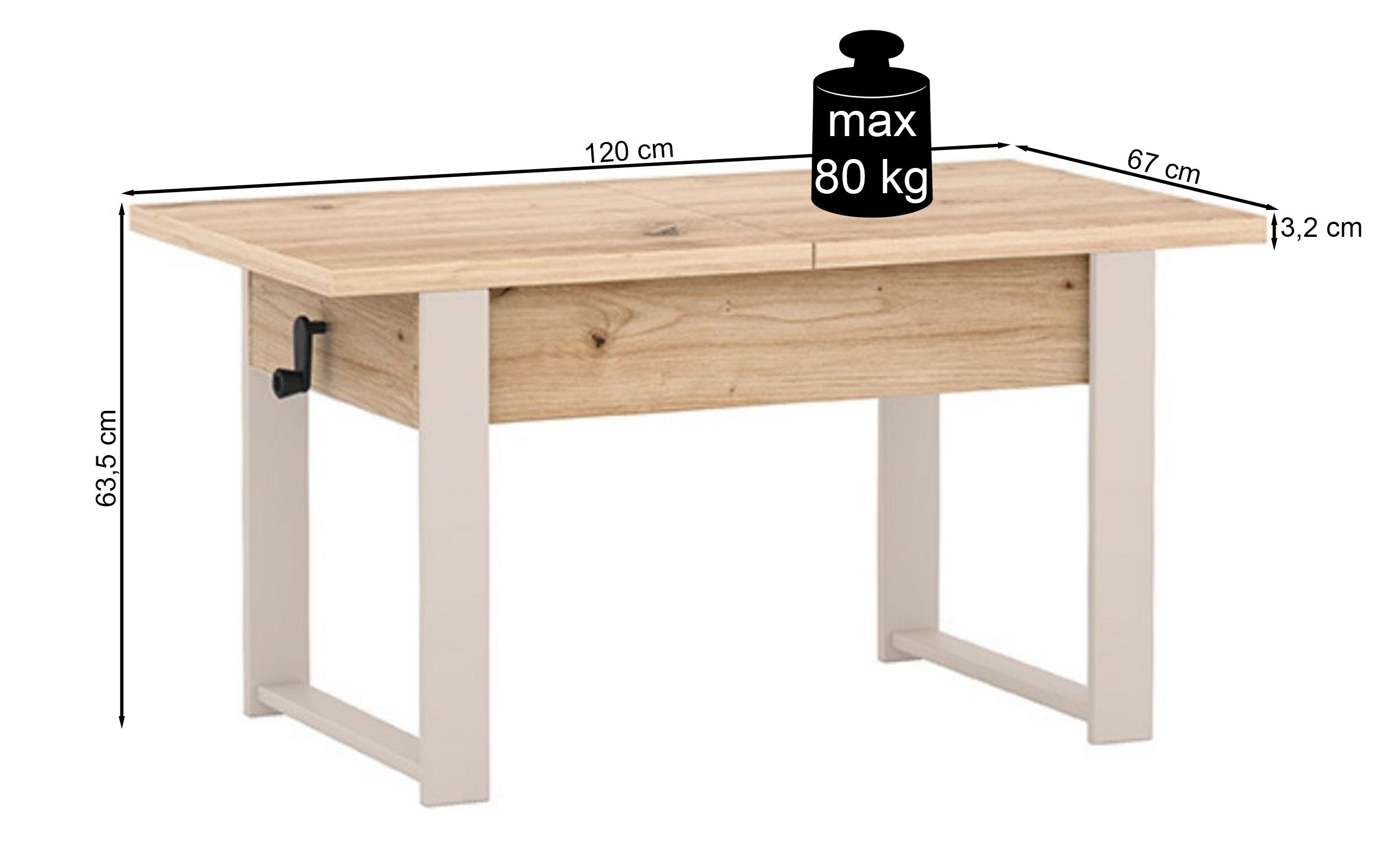 Ausziehbarer Couchtisch Hugo 120(157)x67 cm Artisan-Eiche mit kaschmirfarbenen Beinen