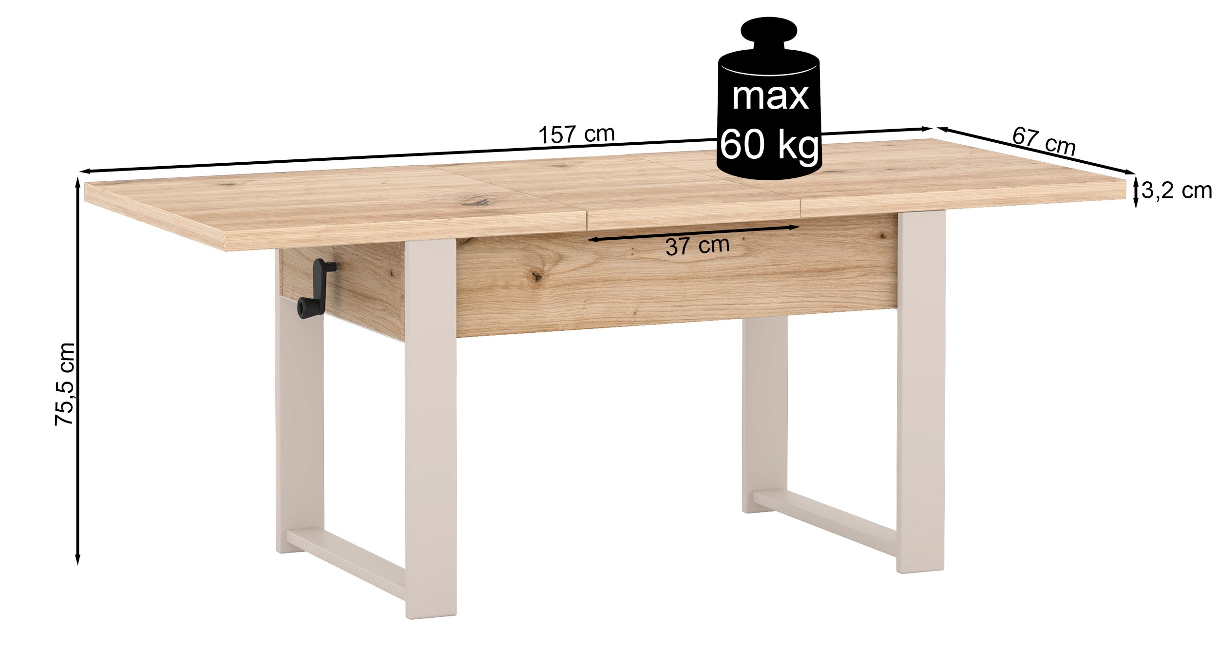 Ausziehbarer Couchtisch Hugo 120(157)x67 cm Artisan-Eiche mit kaschmirfarbenen Beinen